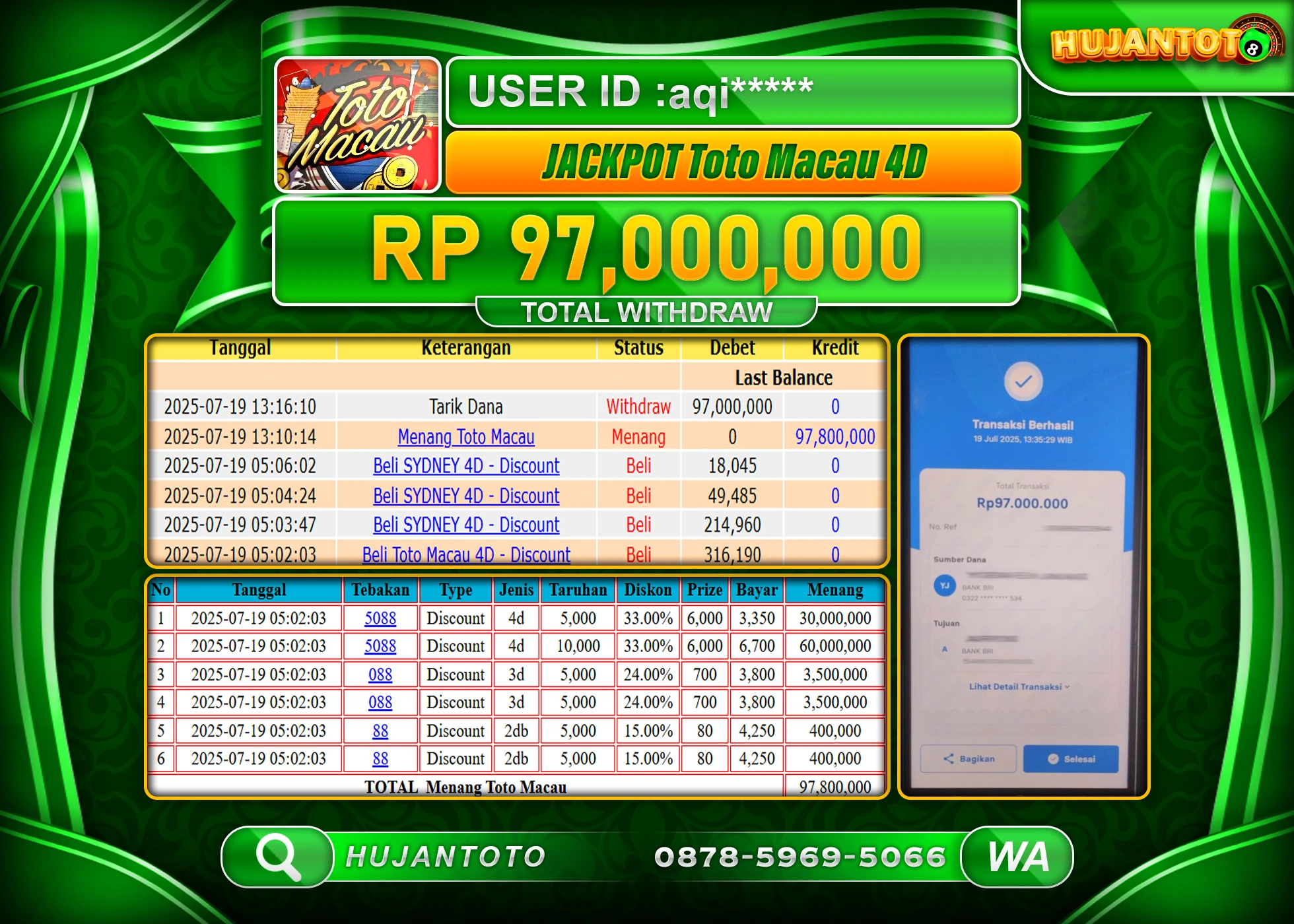 HUJANTOTO - BUKTI JACKPOT MENANG TOGEL TOTO MACAU 4D Rp.97,000,000 - TERBAYAR LUNAS