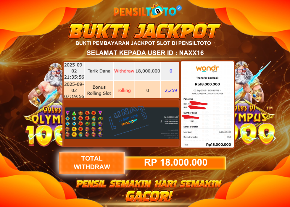 PENSILTOTO JACKPOT GATES OF OLYMPUS 1000 Rp.18.000.000,- LUNAS