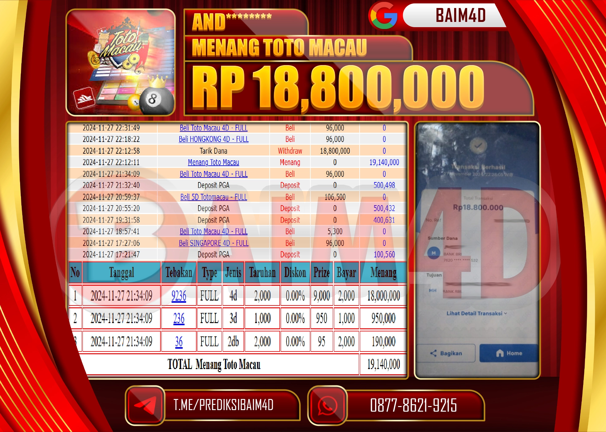 BAIM4D JACKPOT TOTO MACAU Rp.18.800,000.- LUNAS
