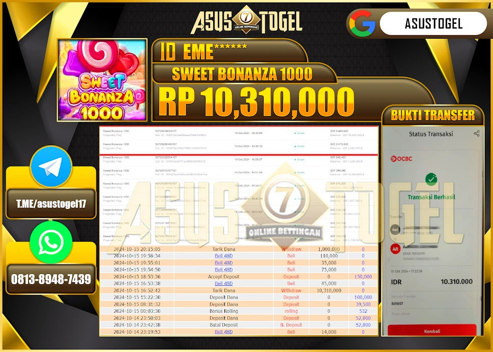 ASUSTOGEL KEMENANGAN  DI GAMES   MENANG  SWEET BONANZA 1000  SEBESAR 10,310,000- RUPIAH LUNAS