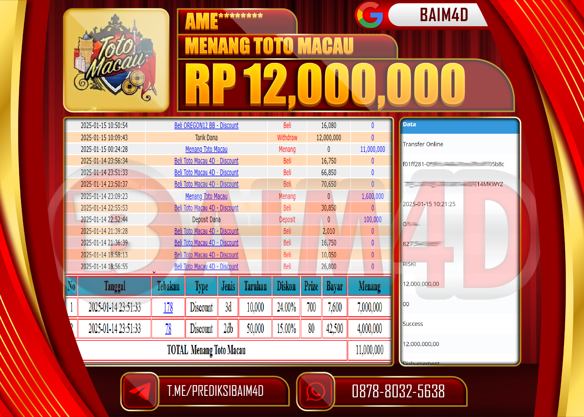 BAIM4D JACKPOT Menang TOTO MACAU 4D   Rp.12,000,000.- LUNAS