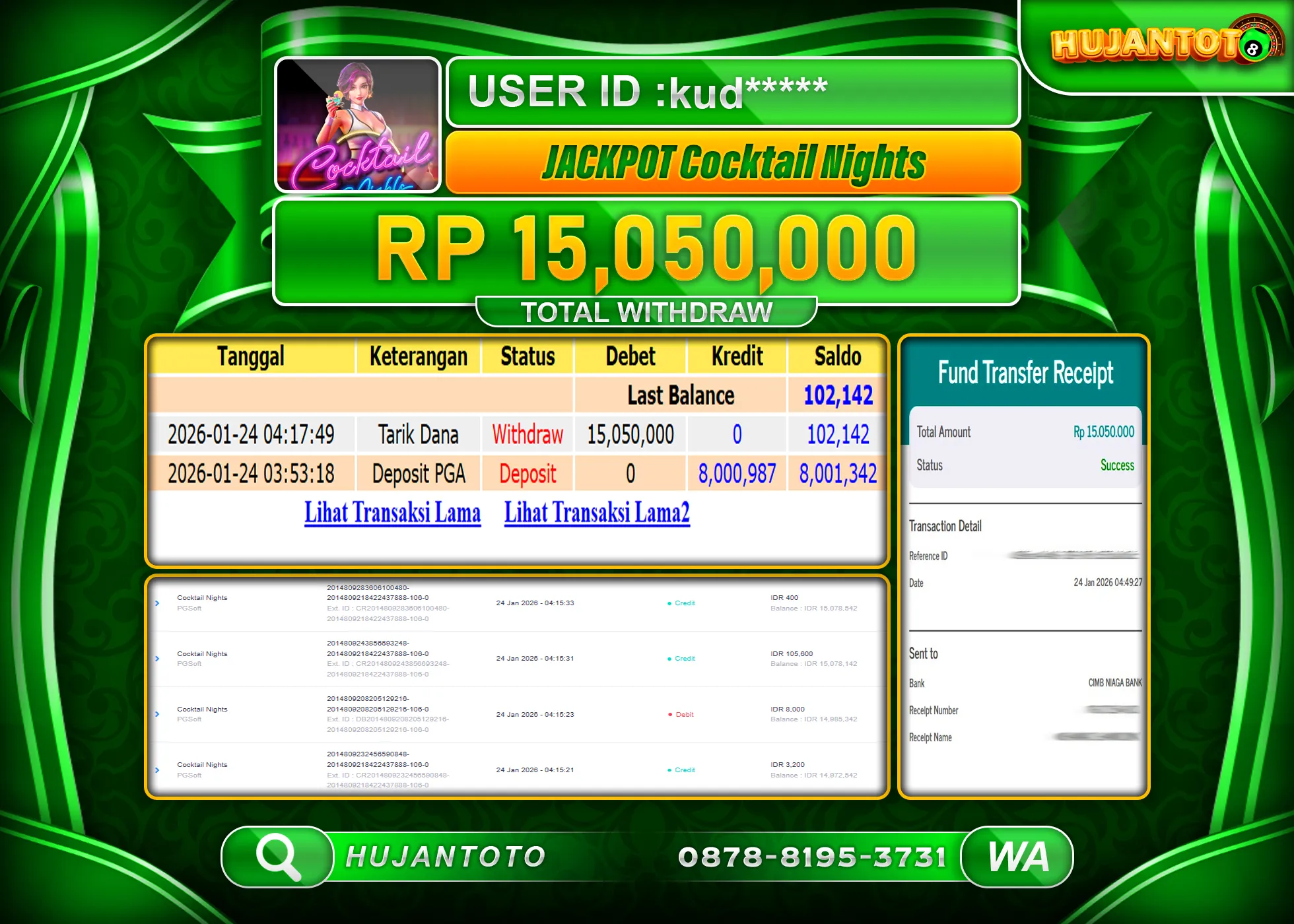 HUJANTOTO - BUKTI JACKPOT MENANG SLOT COCKTAIL NIGHTS Rp.15,050,000 - TERBAYAR LUNAS