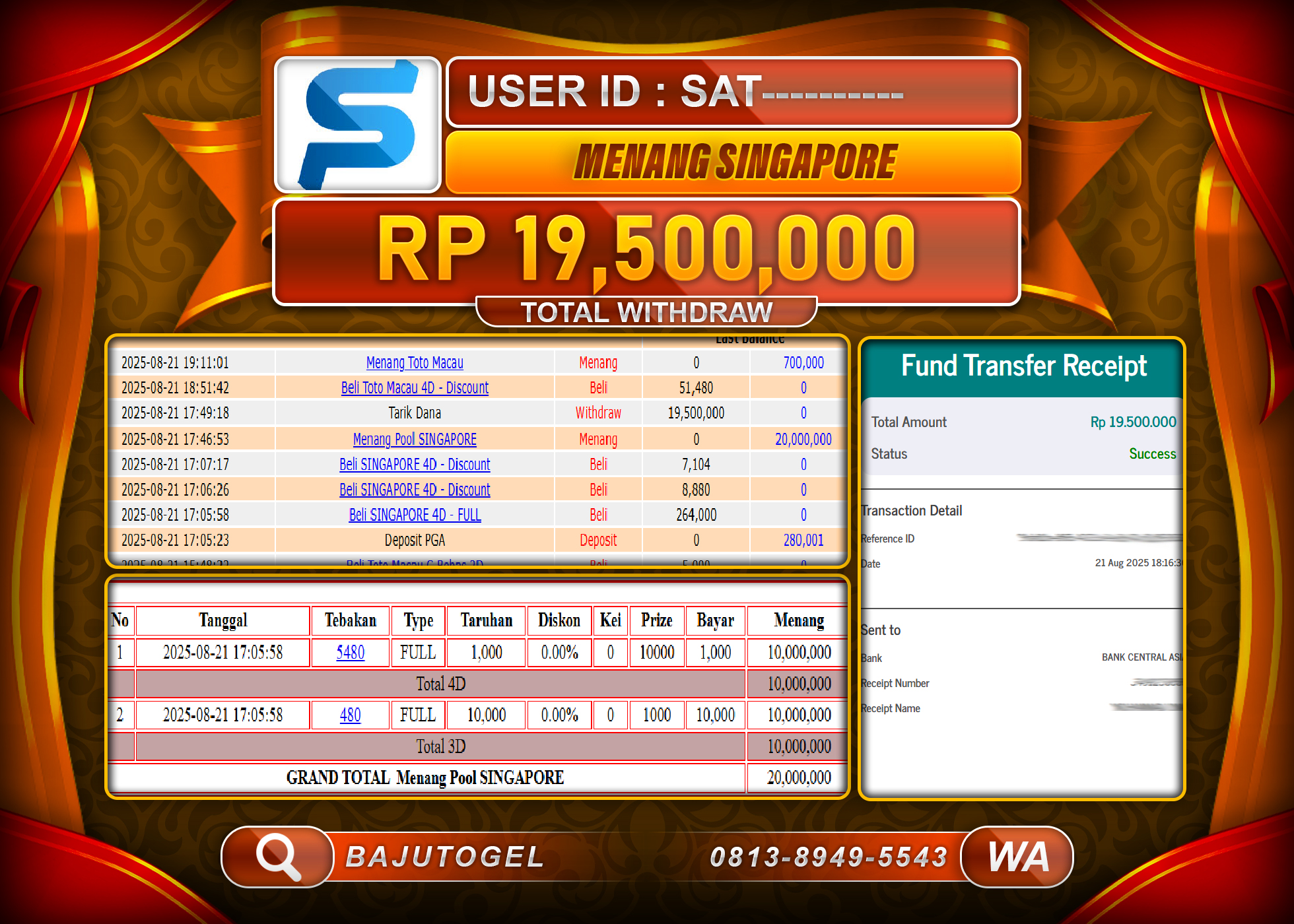 BAJUTOGEL KEMENANGAN DI TOGEL SINGAPORE TOTO Rp.19.500.000 LUNAS
