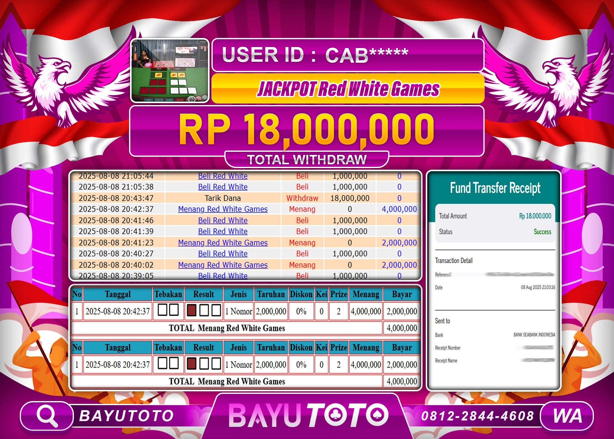 BAYUTOTO JACKPOT DI LIVE CASINO RED WHITE GAMES Rp.18,000,000 LUNAS