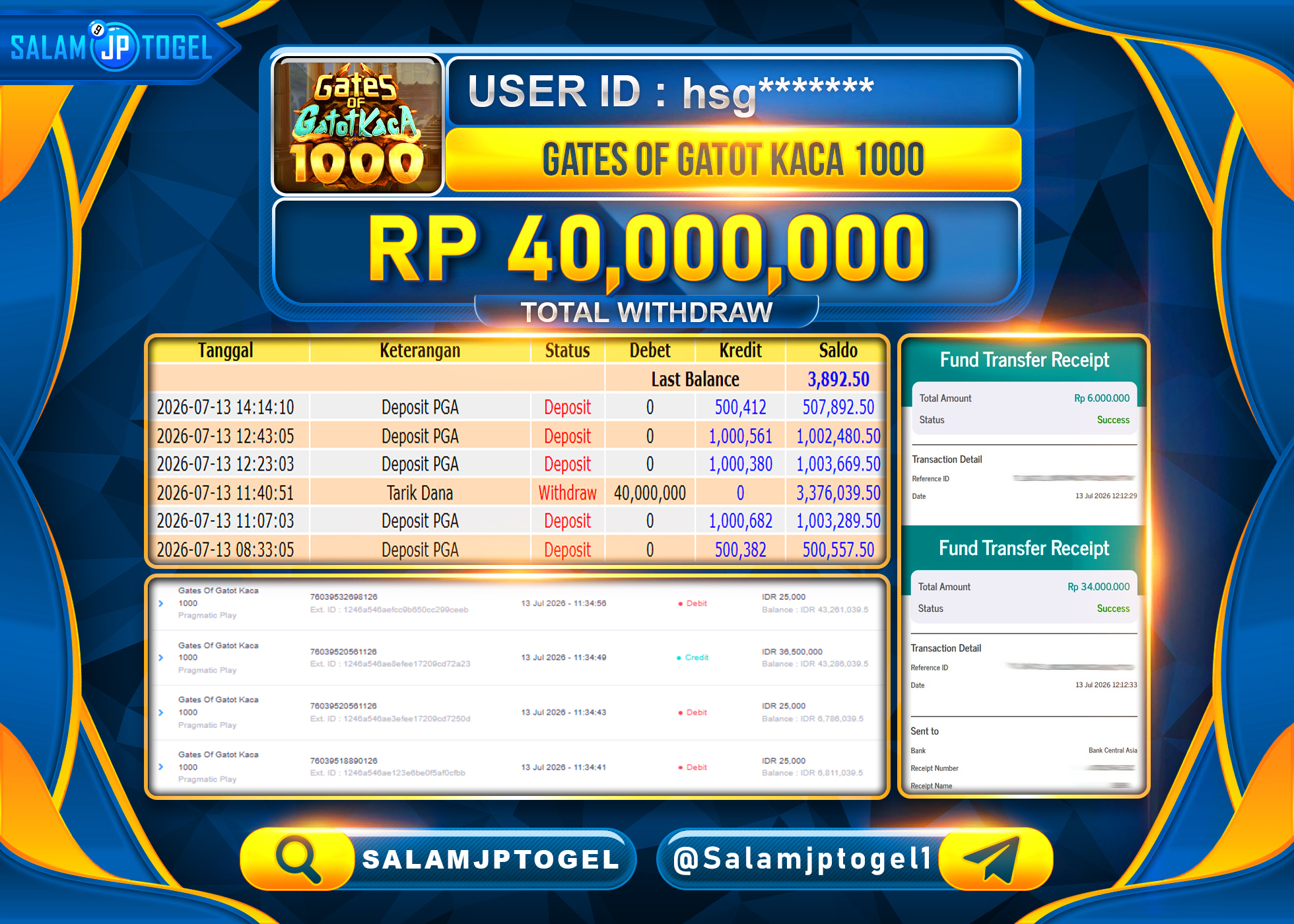 SALAMJPTOGEL JACKPOT MENANG Gates Of Gatot Kaca 1000 Rp.40,000,000 - LUNAS