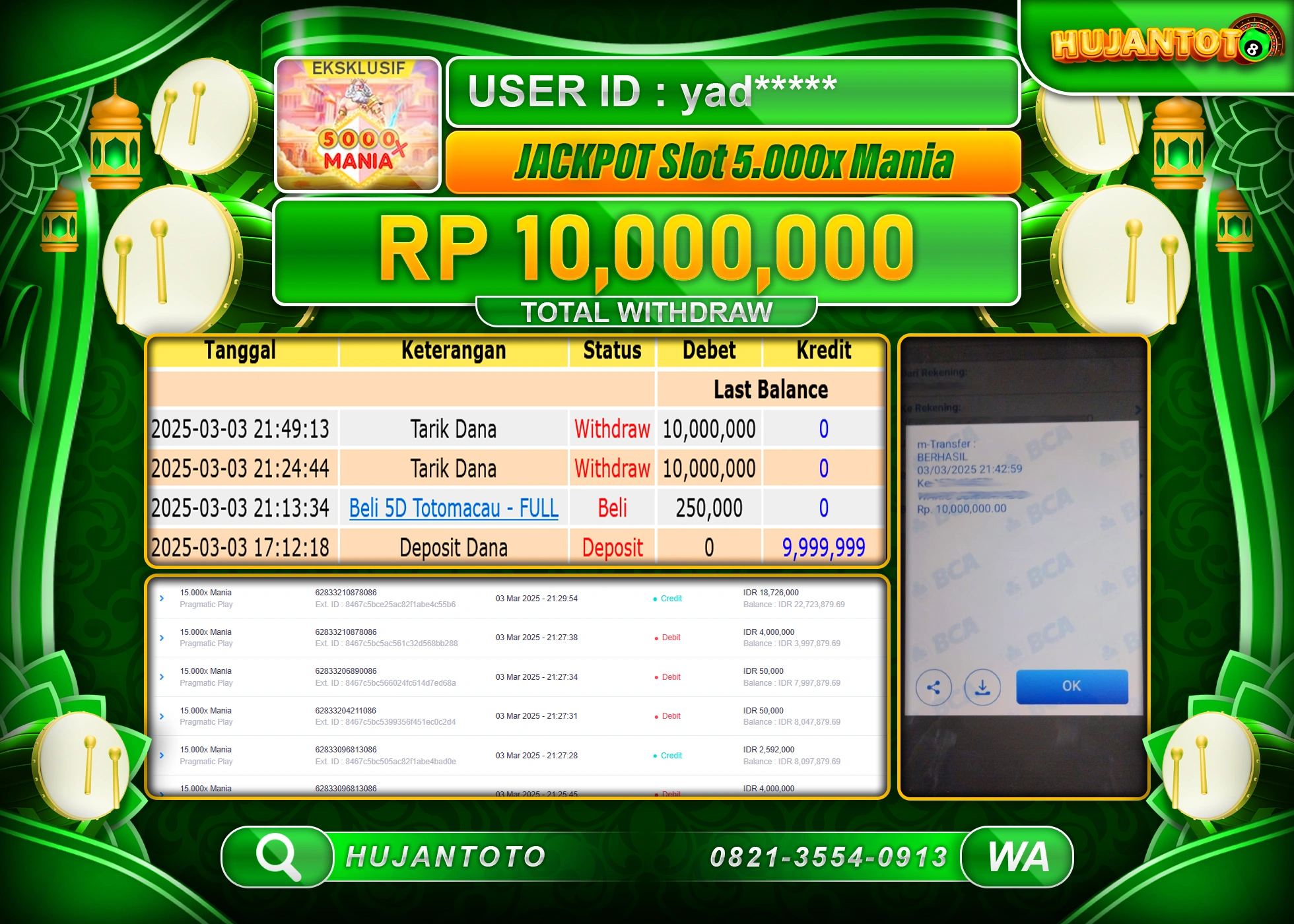 HUJANTOTO - BUKTI JACKPOT MENANG SLOT PRAGMATIC 5000X MANIA Rp,10,000,000 - TERBAYAR LUNAS