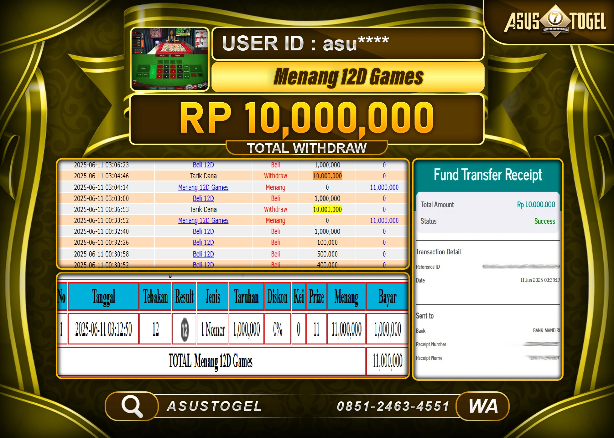 ASUSTOGEL KEMENANGAN DI LIVEGAME 12D GAMES SEBESAR 10,000,000- RUPIAH LUNAS