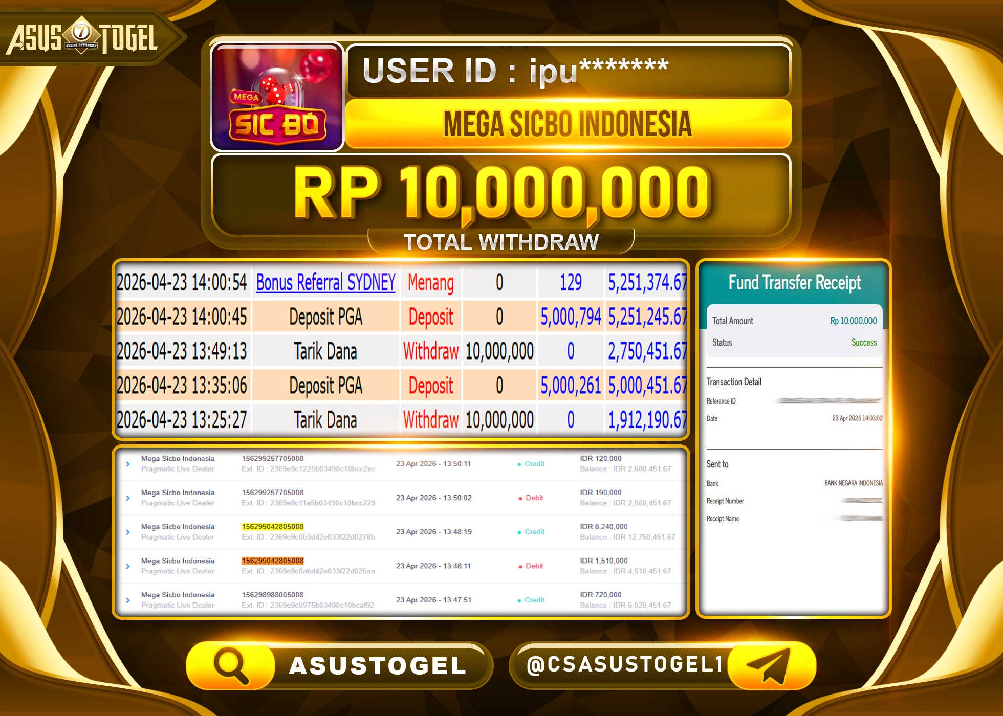 ASUSTOGEL KEMENANGAN JACKPOT DI LIVE GAMES MEGA SICBO INDONESIA SEBESAR Rp.10,000,000 - RUPIAH LUNAS