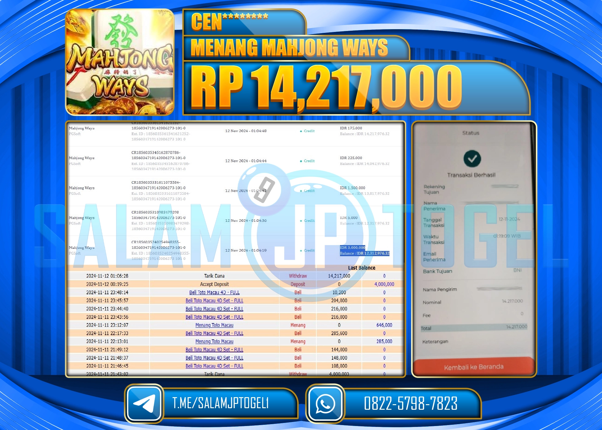 SALAMJPTOGEL MENANG PGSOFT MAHJONG WAYS RP. 14,217,000 LUNAS