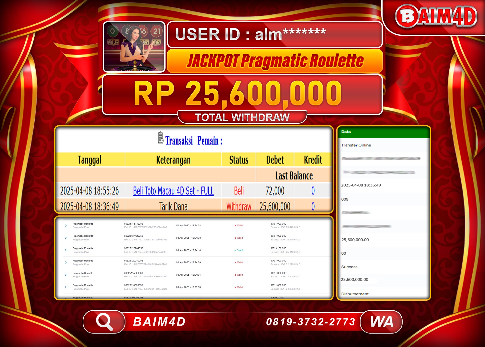 BAIM4D  MENANG JACKPOT Pragmatic Roullete Rp.25.600,000.- LUNAS