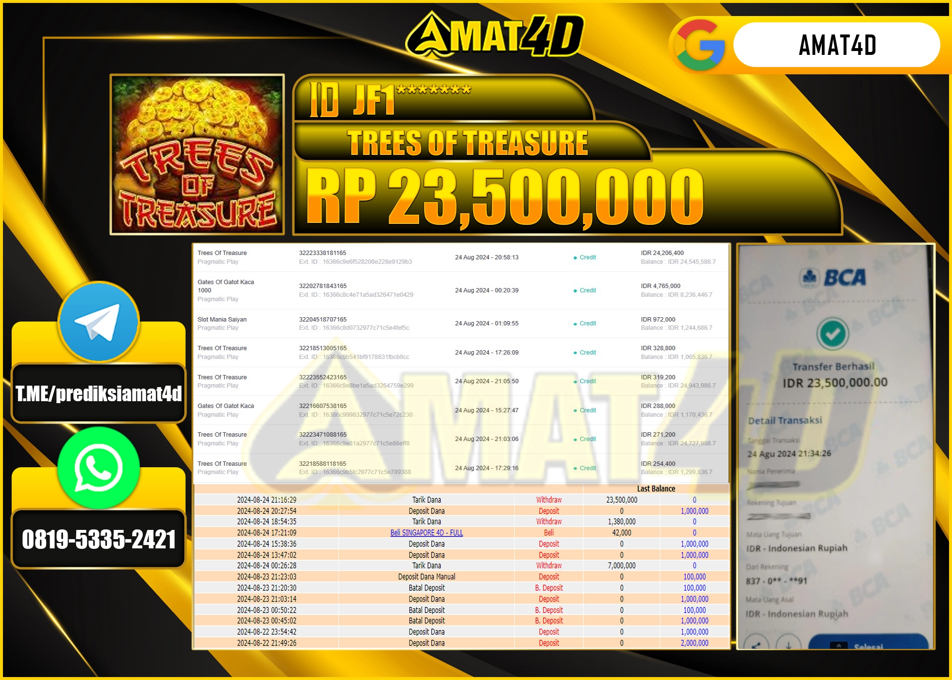 AMAT4D JACKPOT SLOT TREES OF TREASURE Rp.23.500.000 BERHASIL DI BAYAR LUNAS