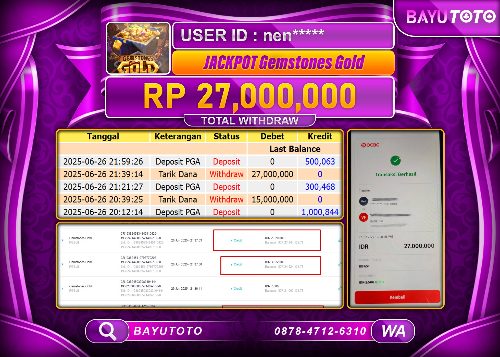 BAYUTOTO JACKPOT DI SLOT Gemstones Gold (PGSoft ) Rp.27,000,000 LUNAS