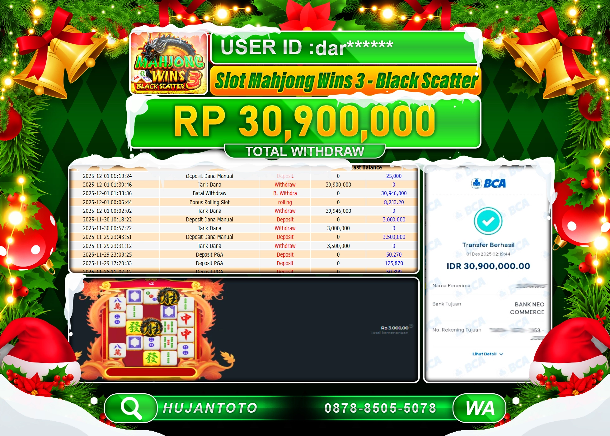 HUJANTOTO - BUKTI JACKPOT MENANG MAHJONG WINS 3 - BLACK SCATTER Rp.30,900,000 - TERBAYAR LUNAS