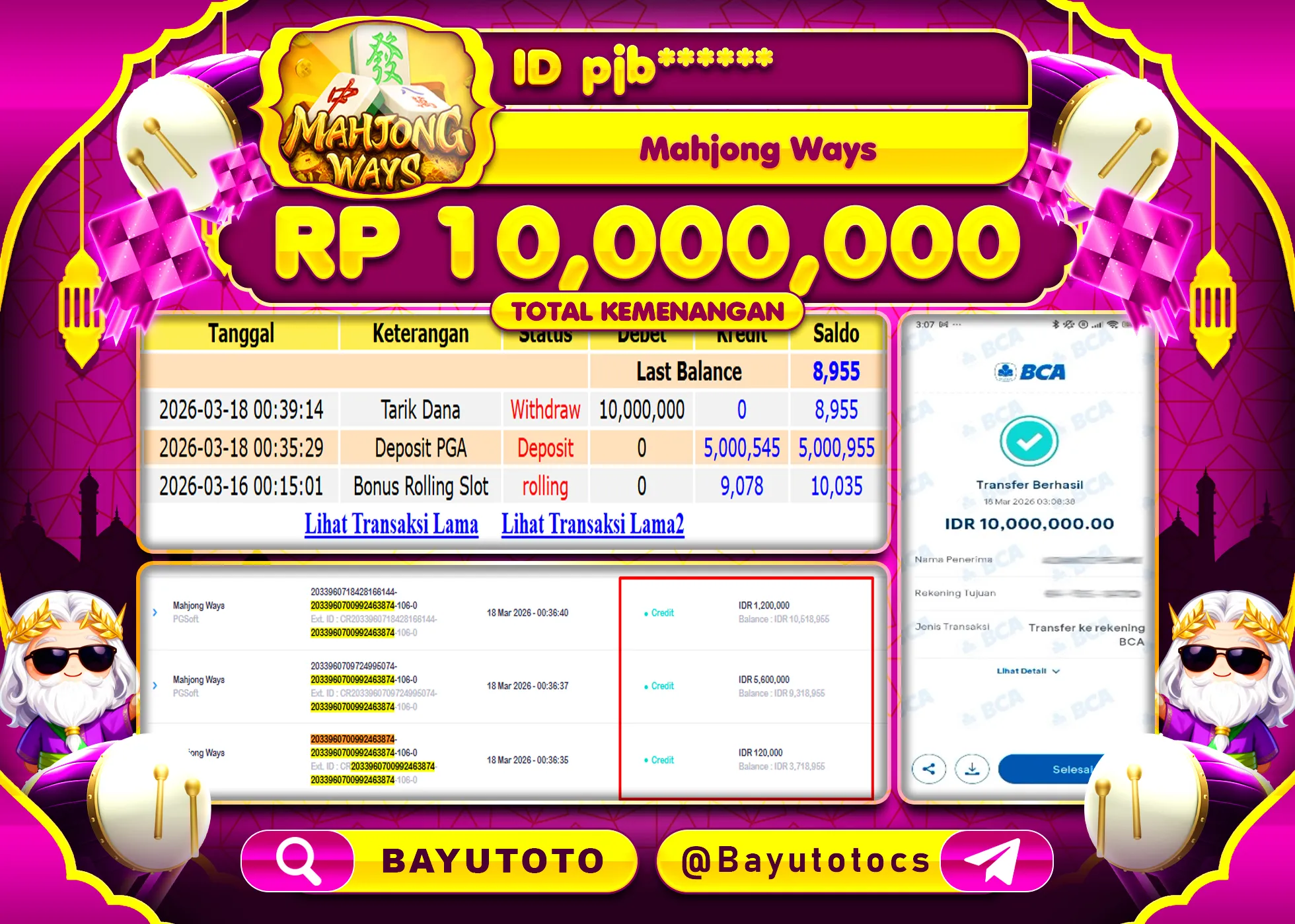 SELAMAT MEMBER SETIA BAYUTOTO JACKPOT DI SLOT MAHJONG WAYS (PGSOFT) Rp. 10,000,000 LUNAS
