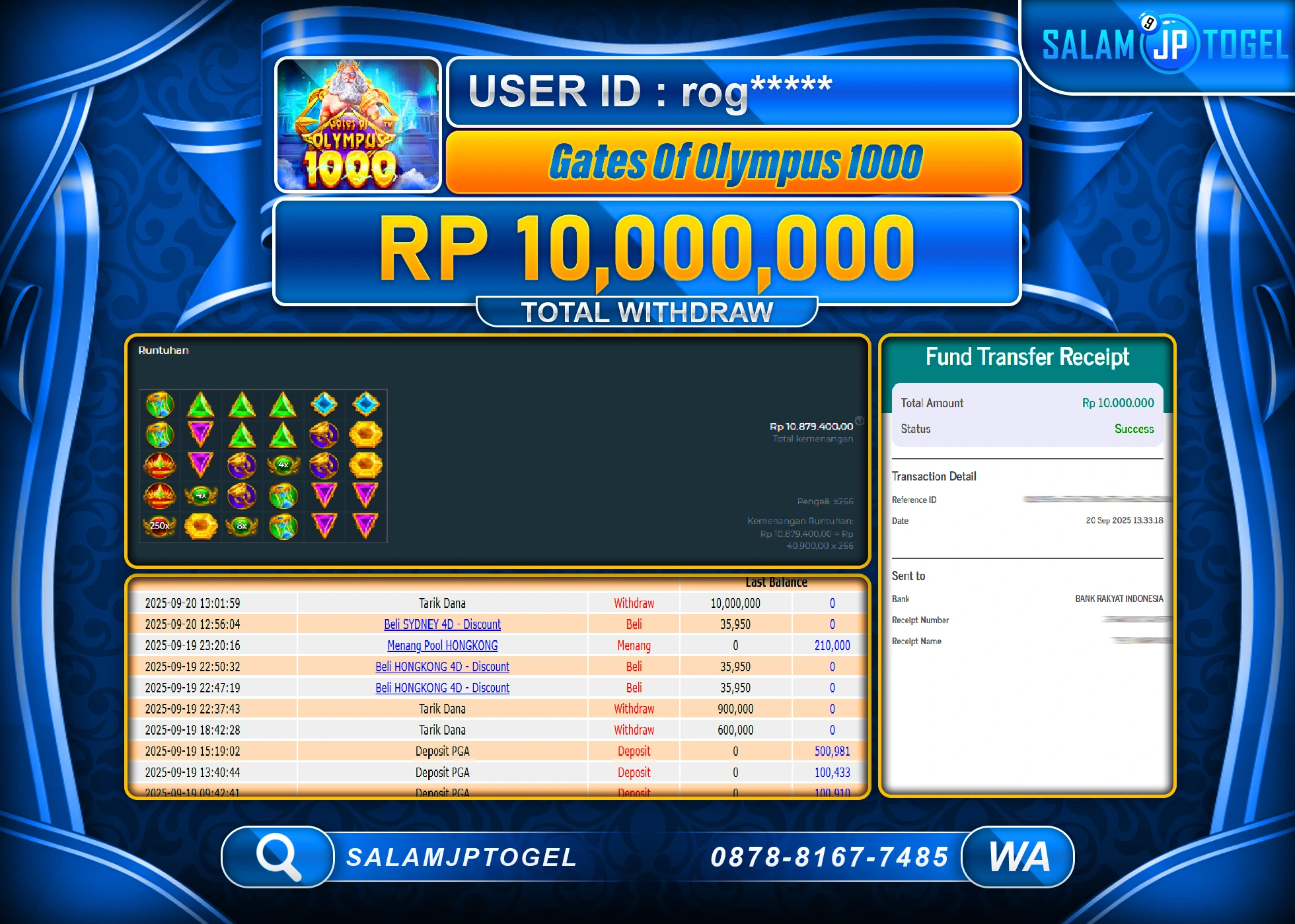 SALAMJPTOGEL MENANG GATES OF OLYMPUS 1000  Rp.10,000,000