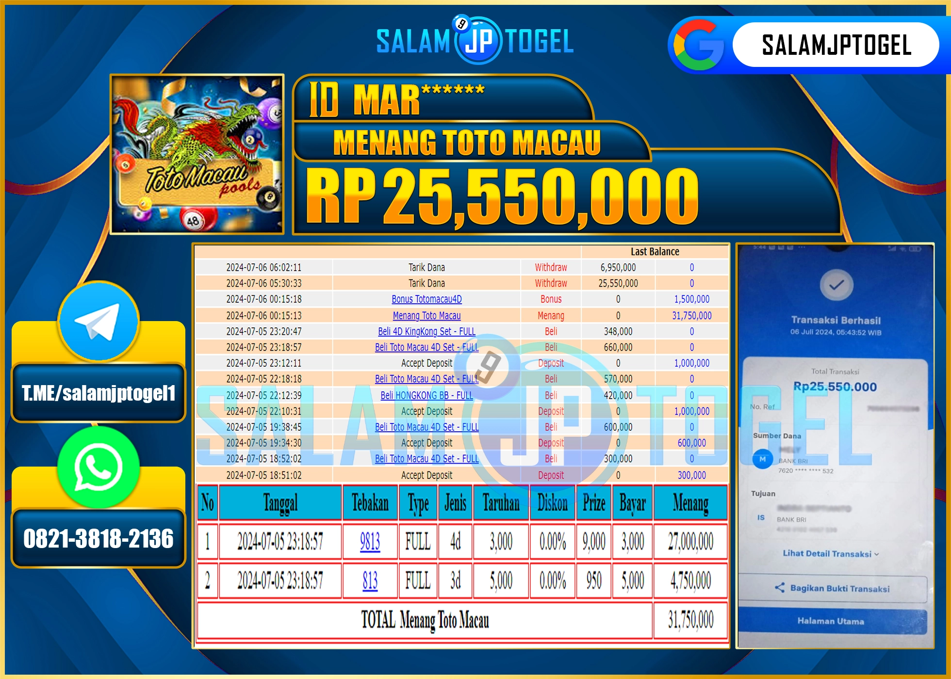 SALAMJPTOGEL MENANG GAMES  TOTO MACCAU RP. 25,550,000.,LUNAS