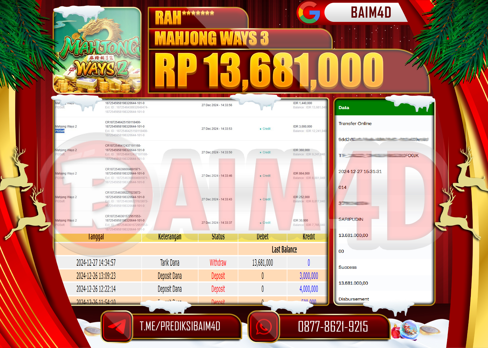 BAIM4D JACKPOT MENANG Slot Mahjong Ways 2 Rp.13,681,000.- LUNAS