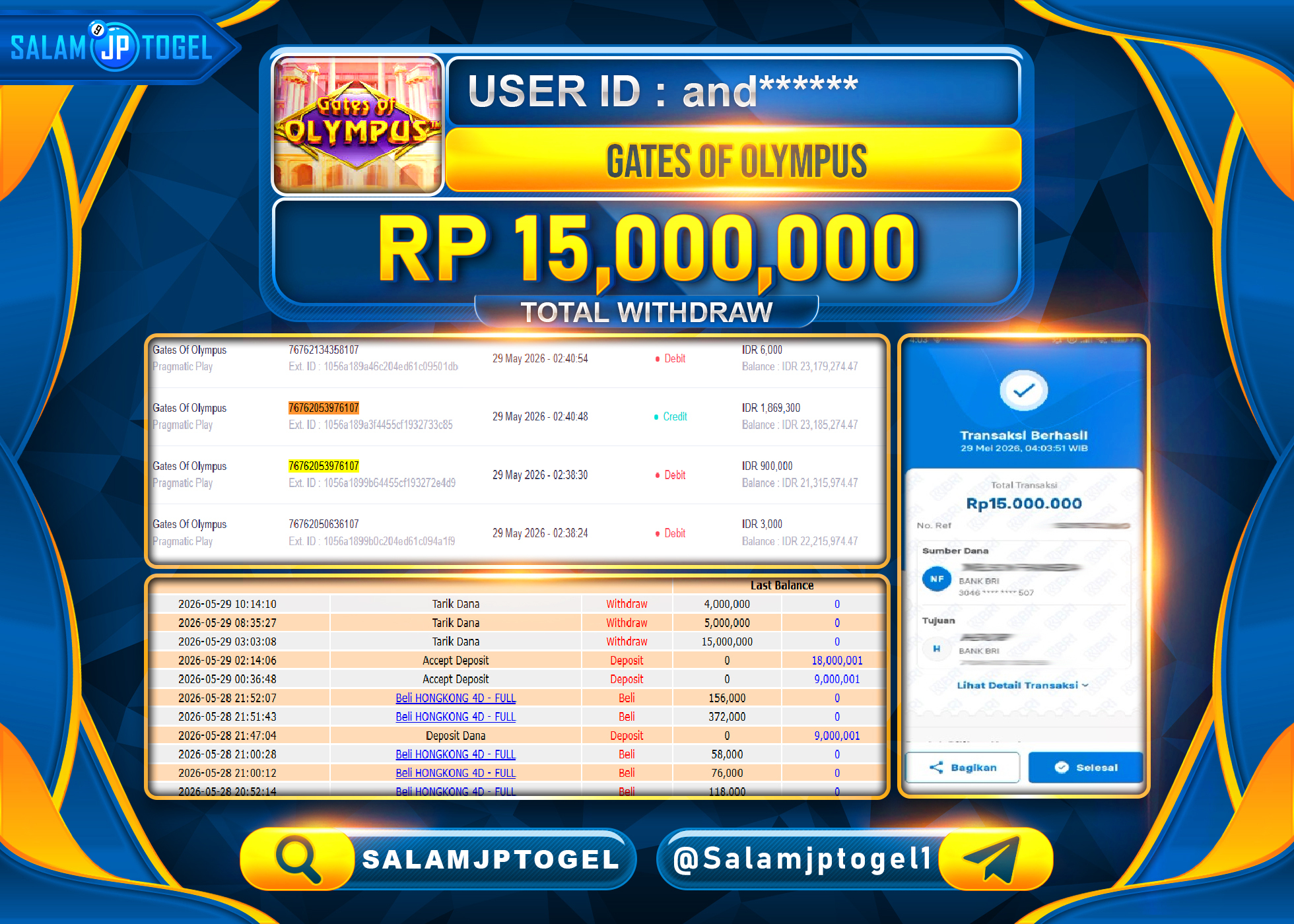 SALAMJPTOGEL JACKPOT MENANG SLOT GATES OF OLYMPUS PRAGMATIC Rp.15,000,000 - LUNAS
