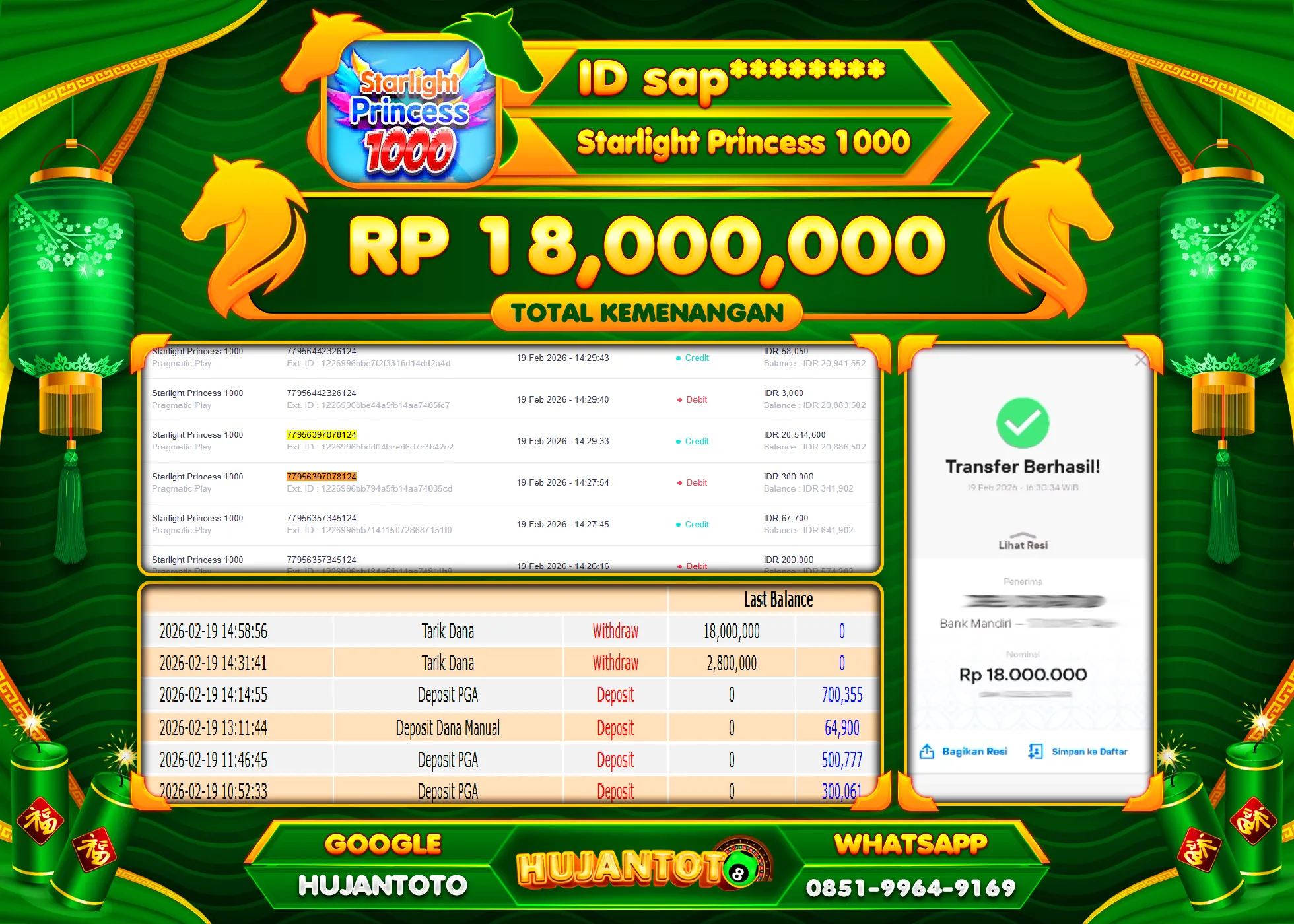 HUJANTOTO - BUKTI JACKPOT MENANG SLOT STARLIGHT PRINCESS 1000 Rp.18,000,000 - TERBAYAR LUNAS