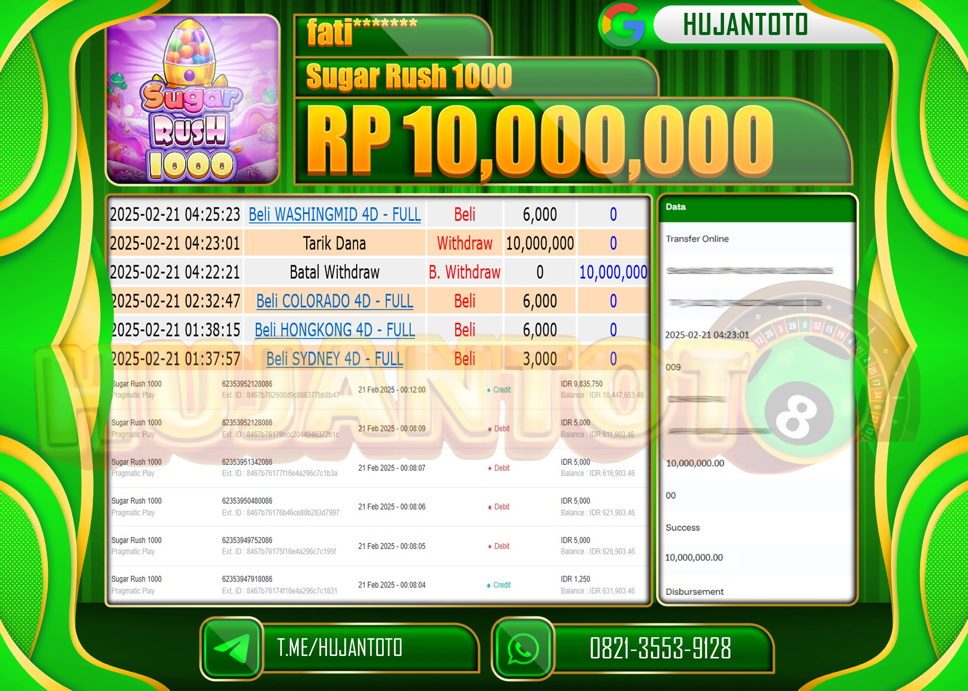 HUJANTOTO - BUKTI JACKPOT MENANG SLOT SUGAR RUSH 1000 Rp,10,000,000 - TERBAYAR LUNAS