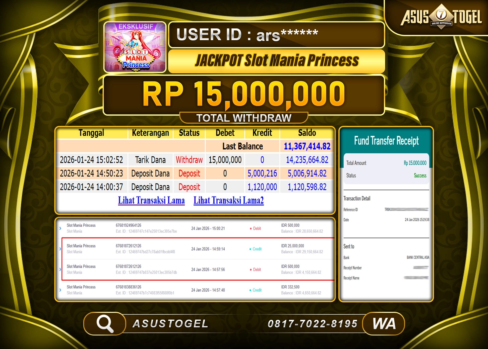 ASUSTOGEL KEMENANGAN DI SLOT MANIA PRINCESS SEBESAR 15,000,000 - RUPIAH LUNAS