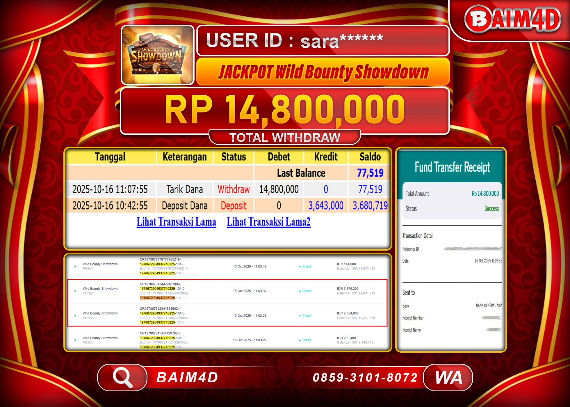 BAIM4D JACKPOT SLOT WILD BOUNTY SHOWDOWN Rp.14,800,000.- LUNAS