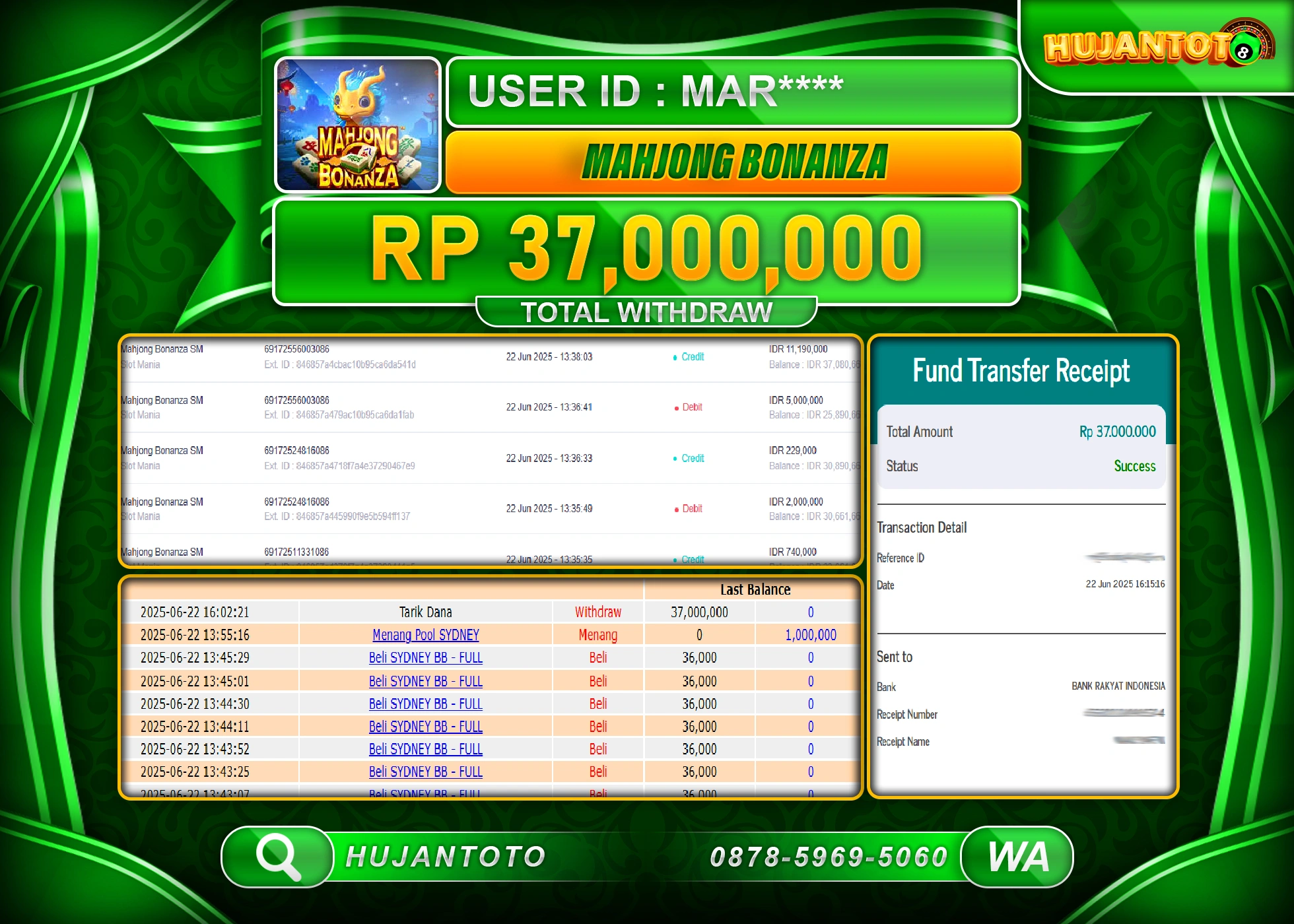 HUJANTOTO - BUKTI JACKPOT MENANG SLOT MAHJONG BONANZA PP Rp.37,000,000 - TERBAYAR LUNAS