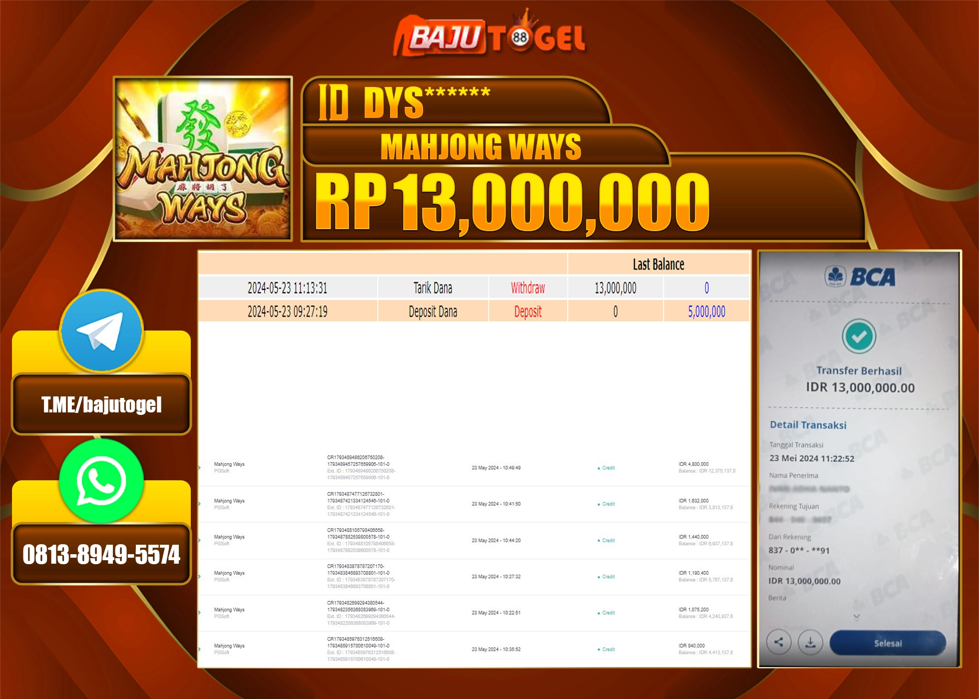 BAJUTOGEL JACKPOT SLOT MAHJONG WAYS Rp.13.000.000 LUNAS