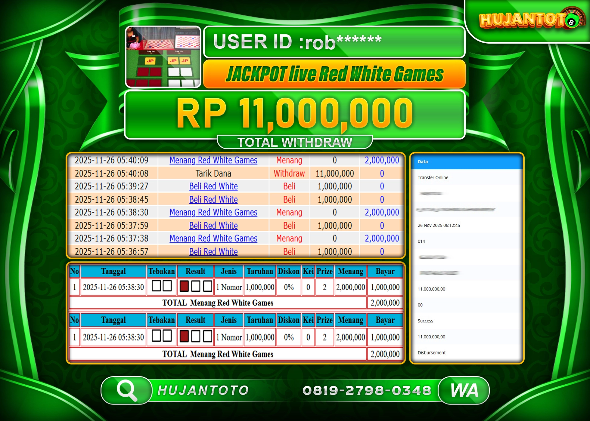 HUJANTOTO - BUKTI JACKPOT MENANG LIVE GAME RED WHITE GAMES Rp.11,000,000 - TERBAYAR LUNAS
