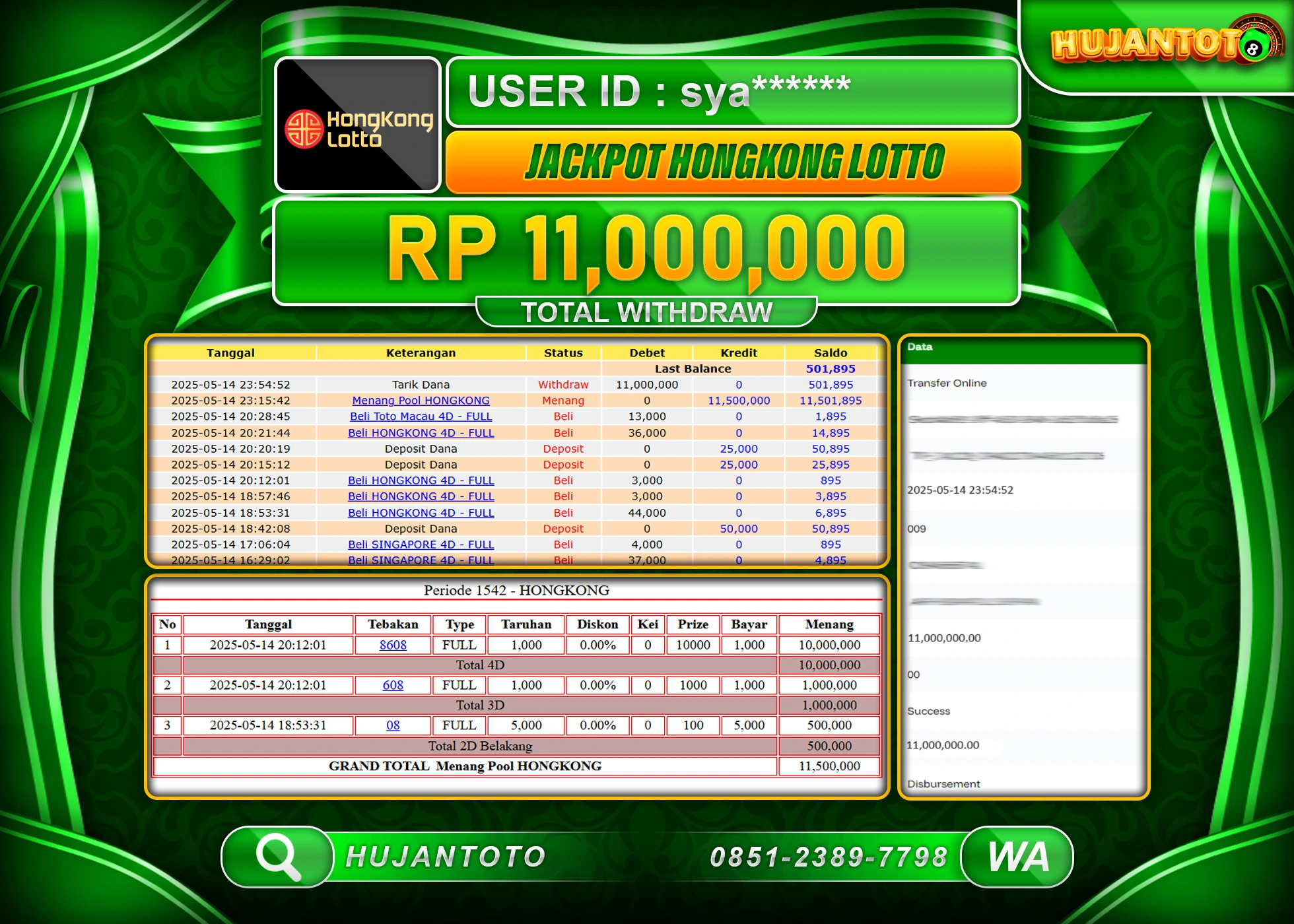 HUJANTOTO - BUKTI JACKPOT MENANG TOGEL HONGKONG LOTTO Rp,11,000,000 - TERBAYAR LUNAS