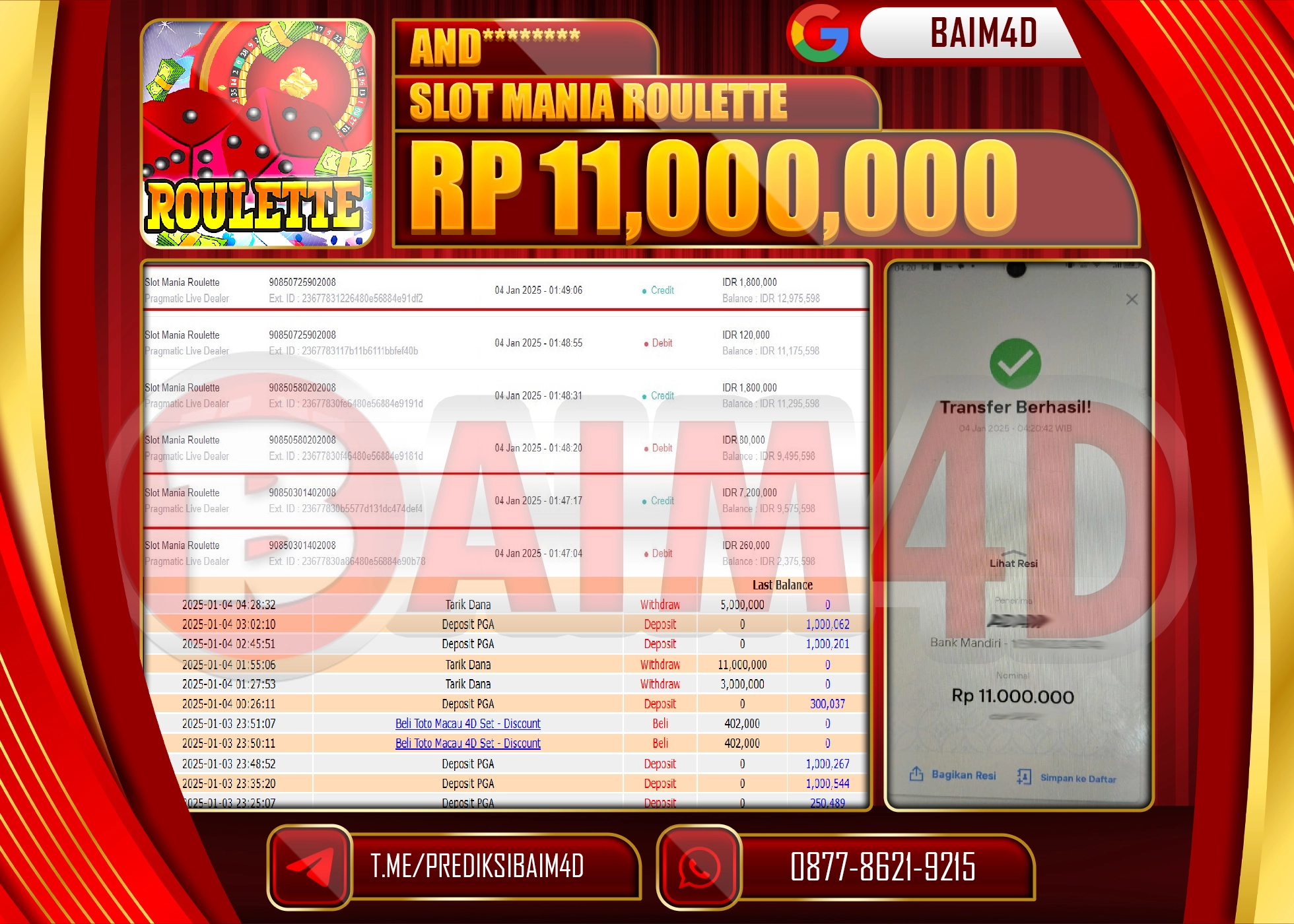 BAIM4D JACKPOT MENANG Slot Mania Roulette Rp.11,000,000.- LUNAS