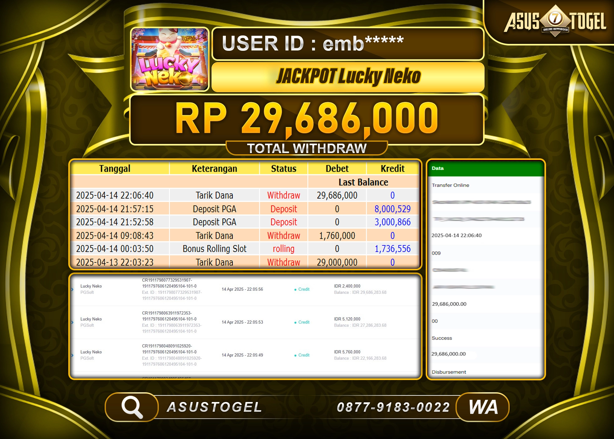 ASUSTOGEL KEMENANGAN DI SLOT LUCKY NEKO SEBESAR 29,686,000- RUPIAH LUNAS