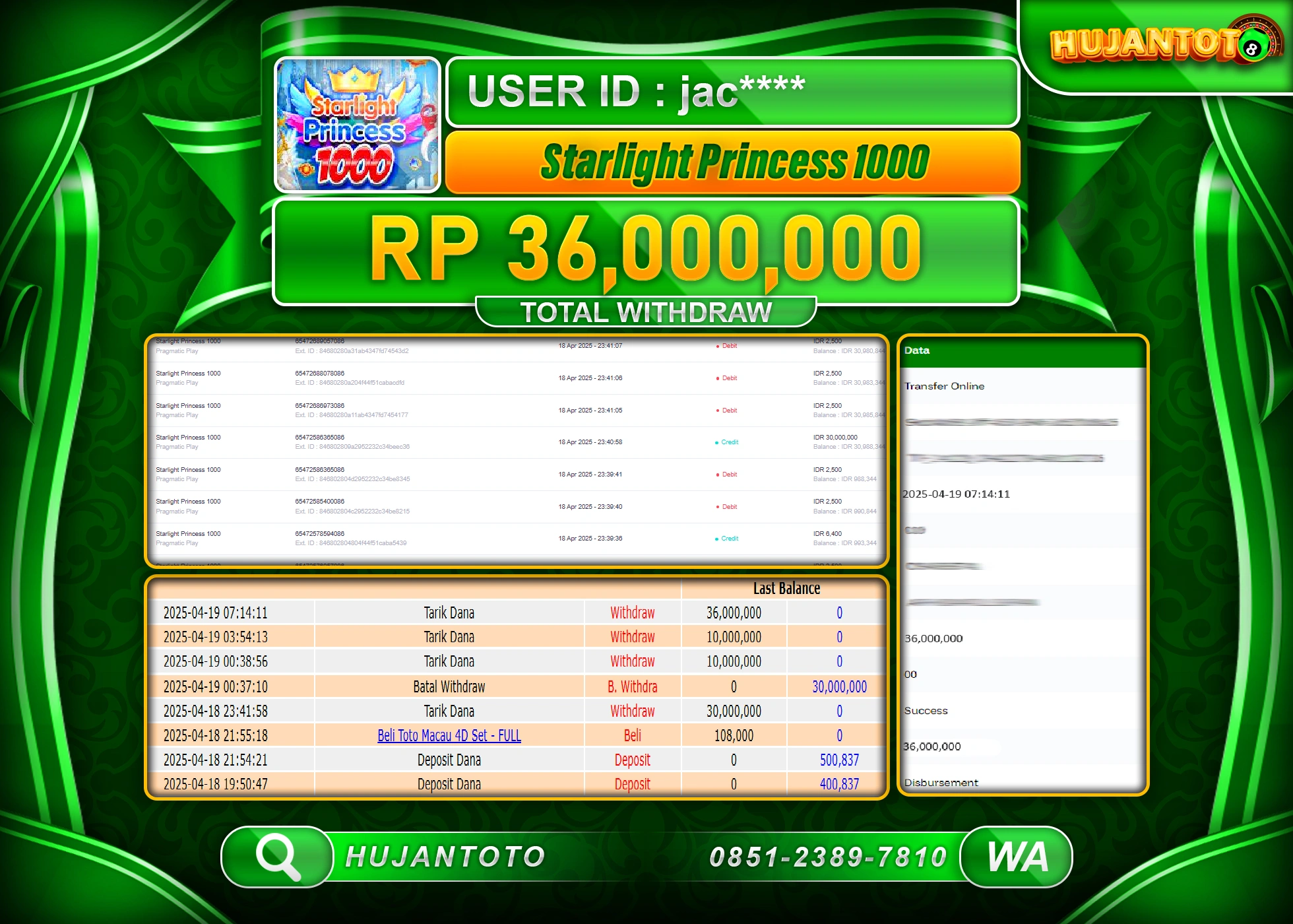 HUJANTOTO - BUKTI JACKPOT MENANG SLOT STARLIGHT PRINCESS 1000 Rp,36,000,000  - TERBAYAR LUNAS