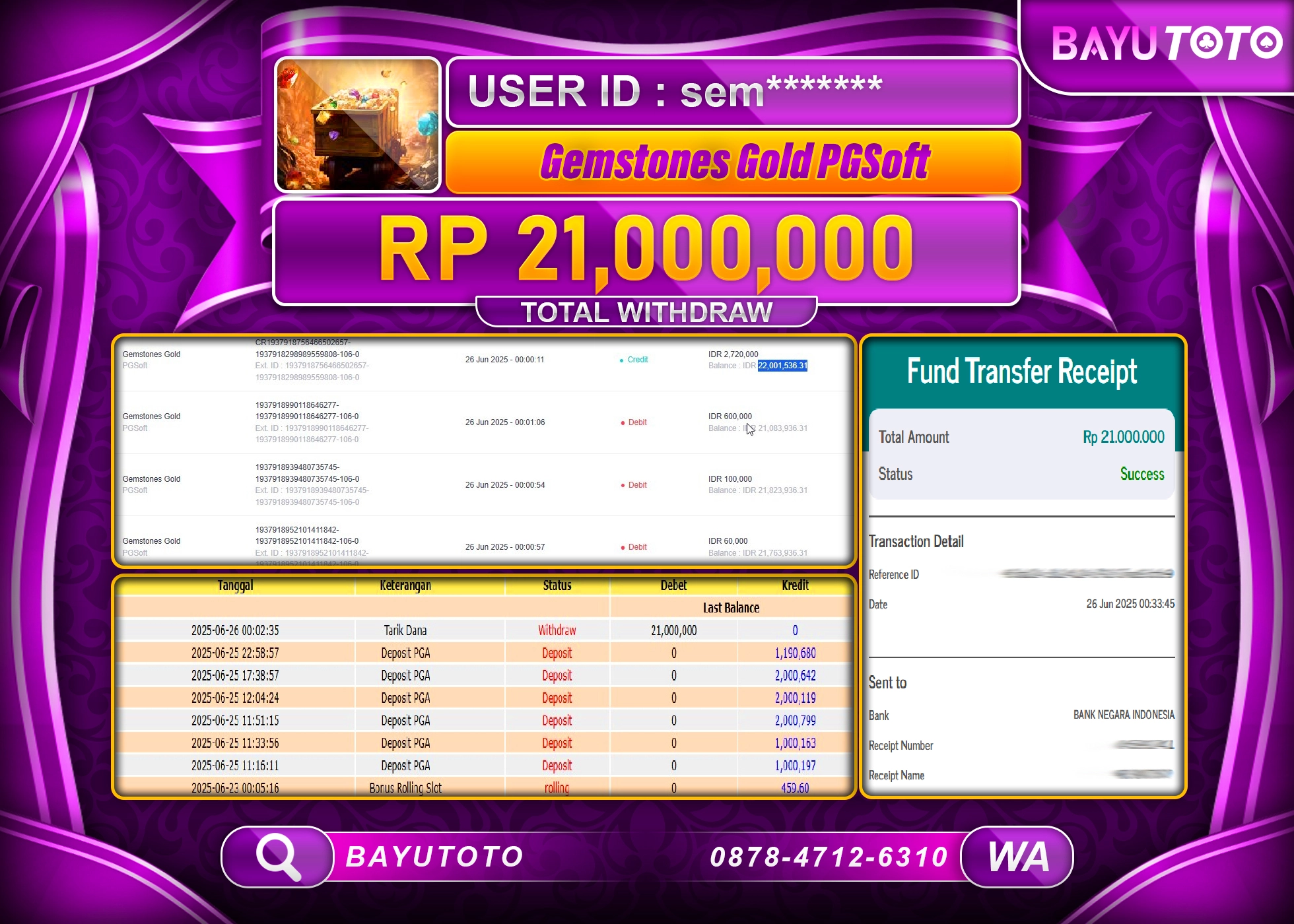 BAYUTOTO JACKPOT  DISLOT  Gamestones Gold Pg Soft  Rp.21.000.000 LUNAS