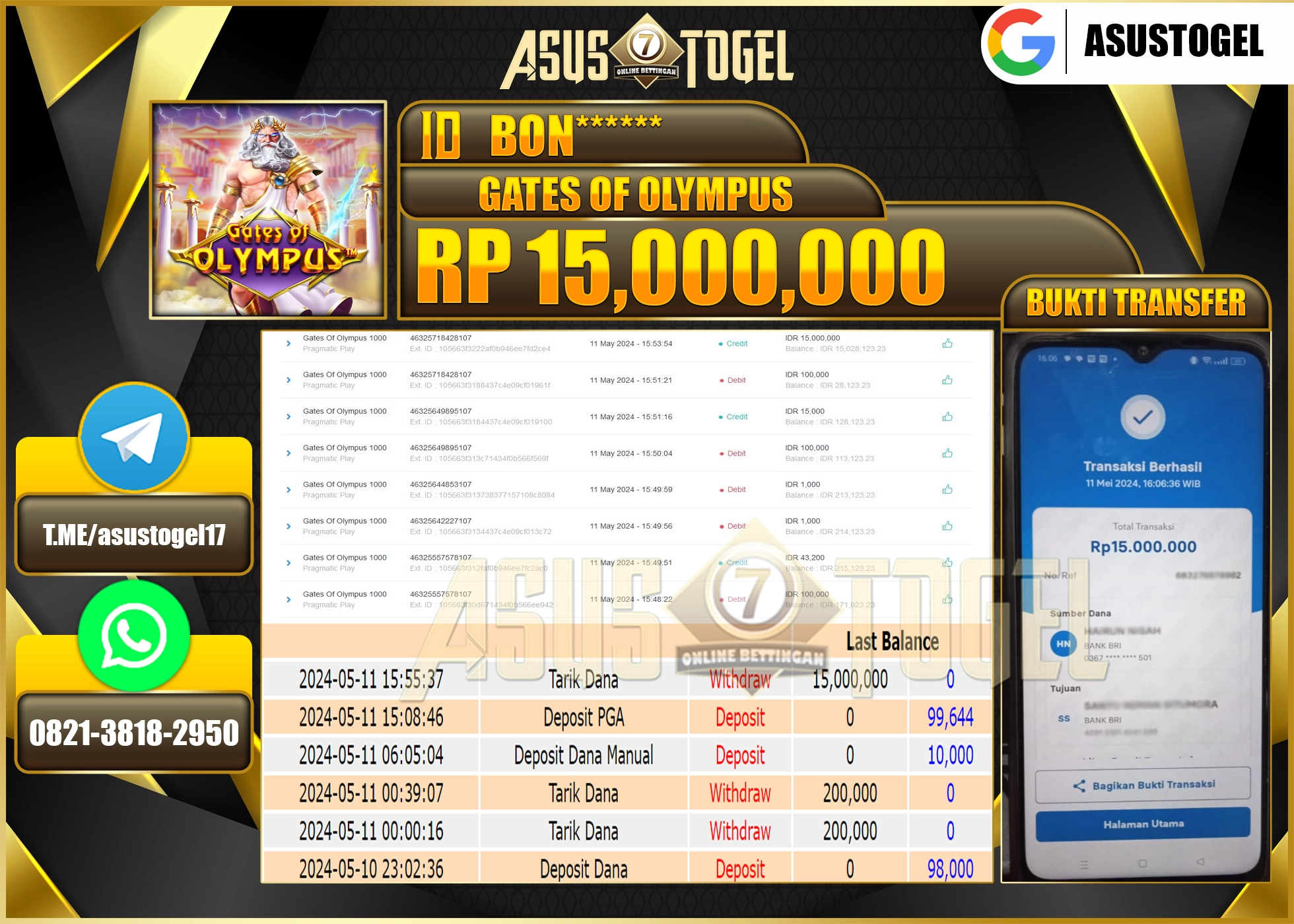 ASUSTOGEL KEMENANGAN BESAR DI SLOT GATES OF OLYMPUS 15.000.000-LUNAS