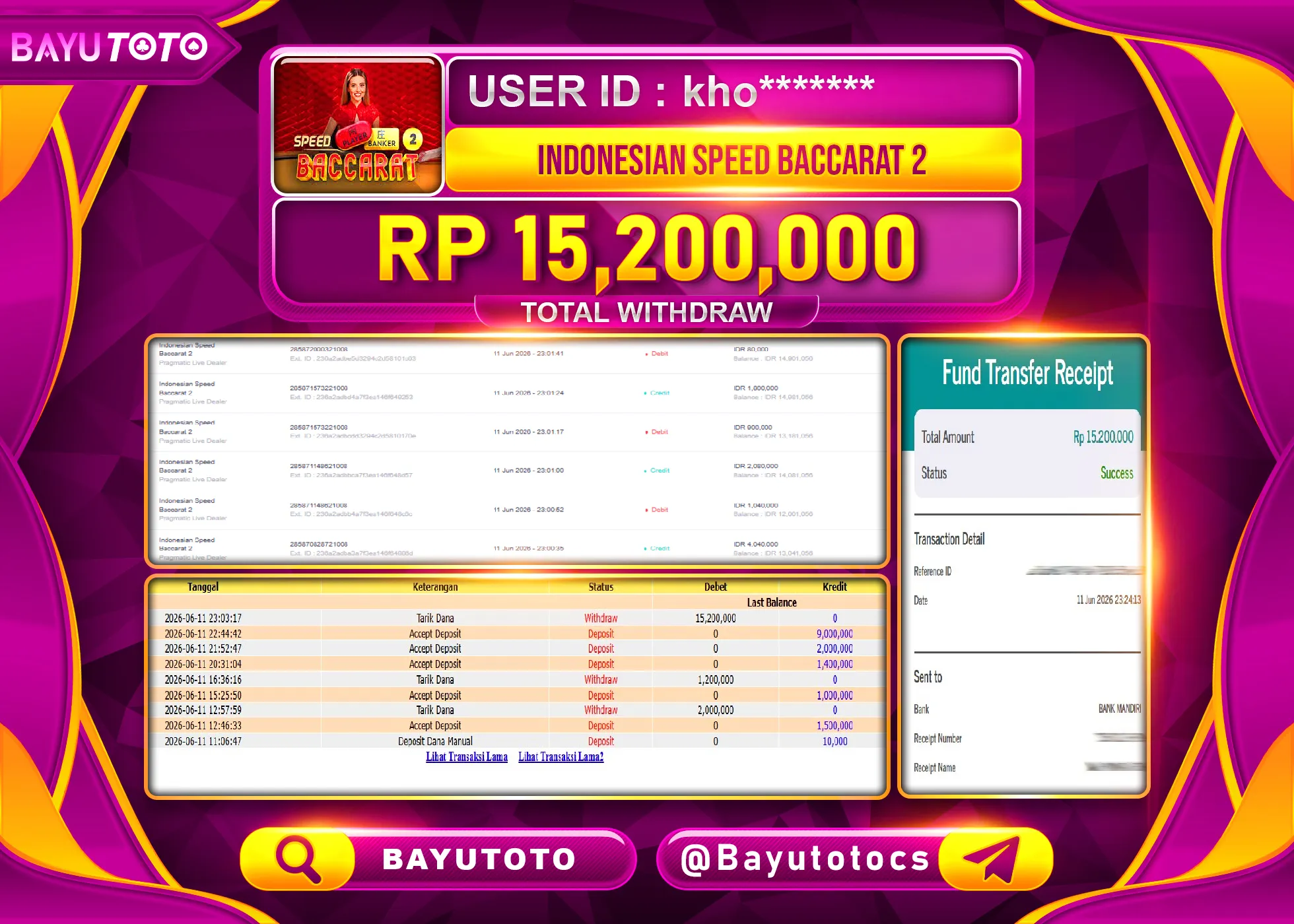 SELAMAT MEMBER SETIA BAYUTOTO JACKPOT DI INDONESIAN SPEED BACCARAT 2 Rp. 15,200,000 LUNAS