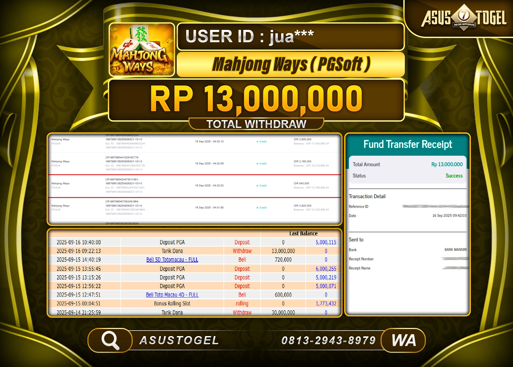 ASUSTOGEL KEMENANGAN DI SLOT MAHJONG WAYS SEBESAR 13,000,000- RUPIAH LUNAS