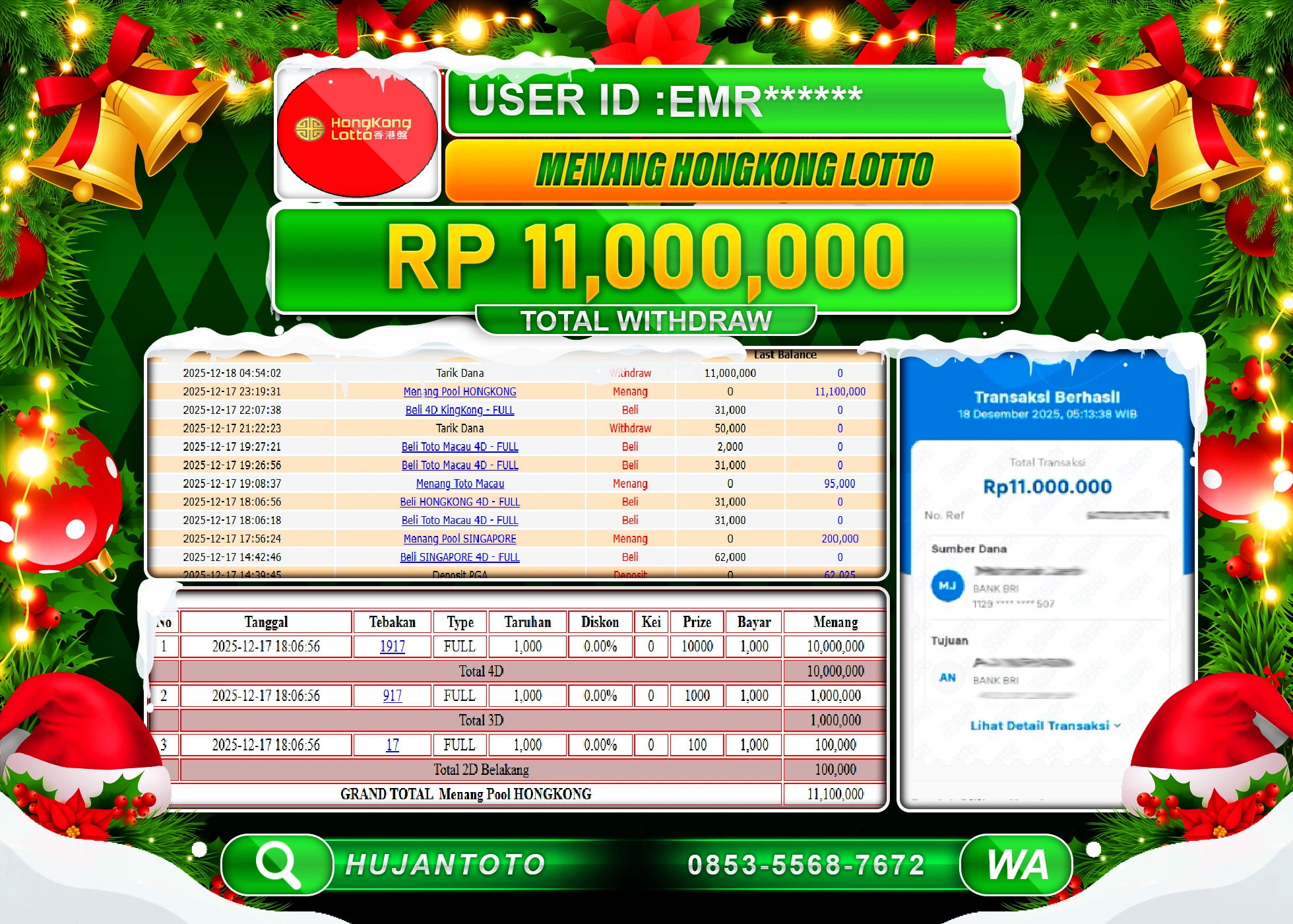 HUJANTOTO - BUKTI JACKPOT MENANG TOGEL HONGKONG LOTTO Rp.11,000,000 - TERBAYAR LUNAS