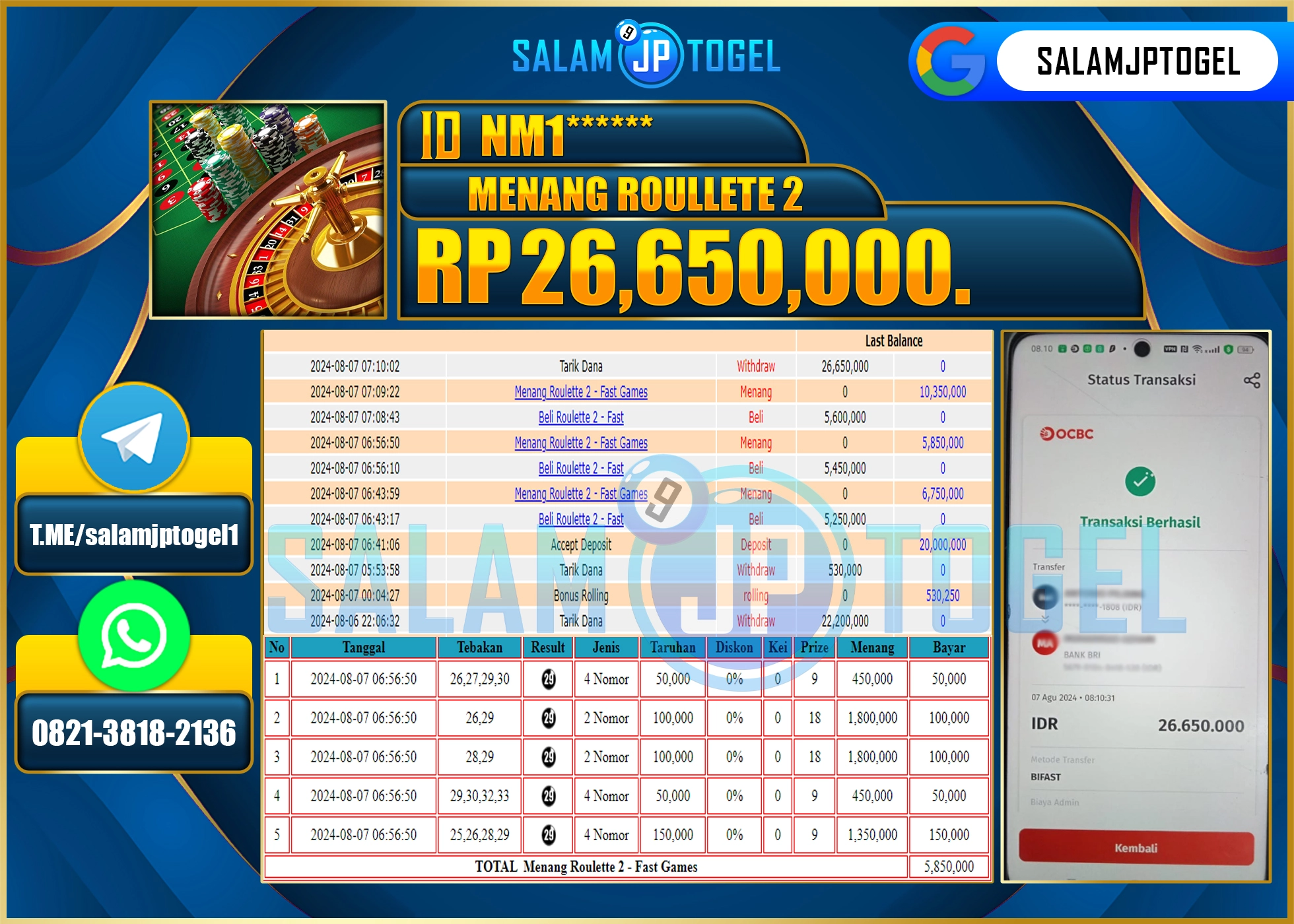 SALAMJPTOGEL MENANG ROULLETE 2 RP. 26,650,000 LUNAS