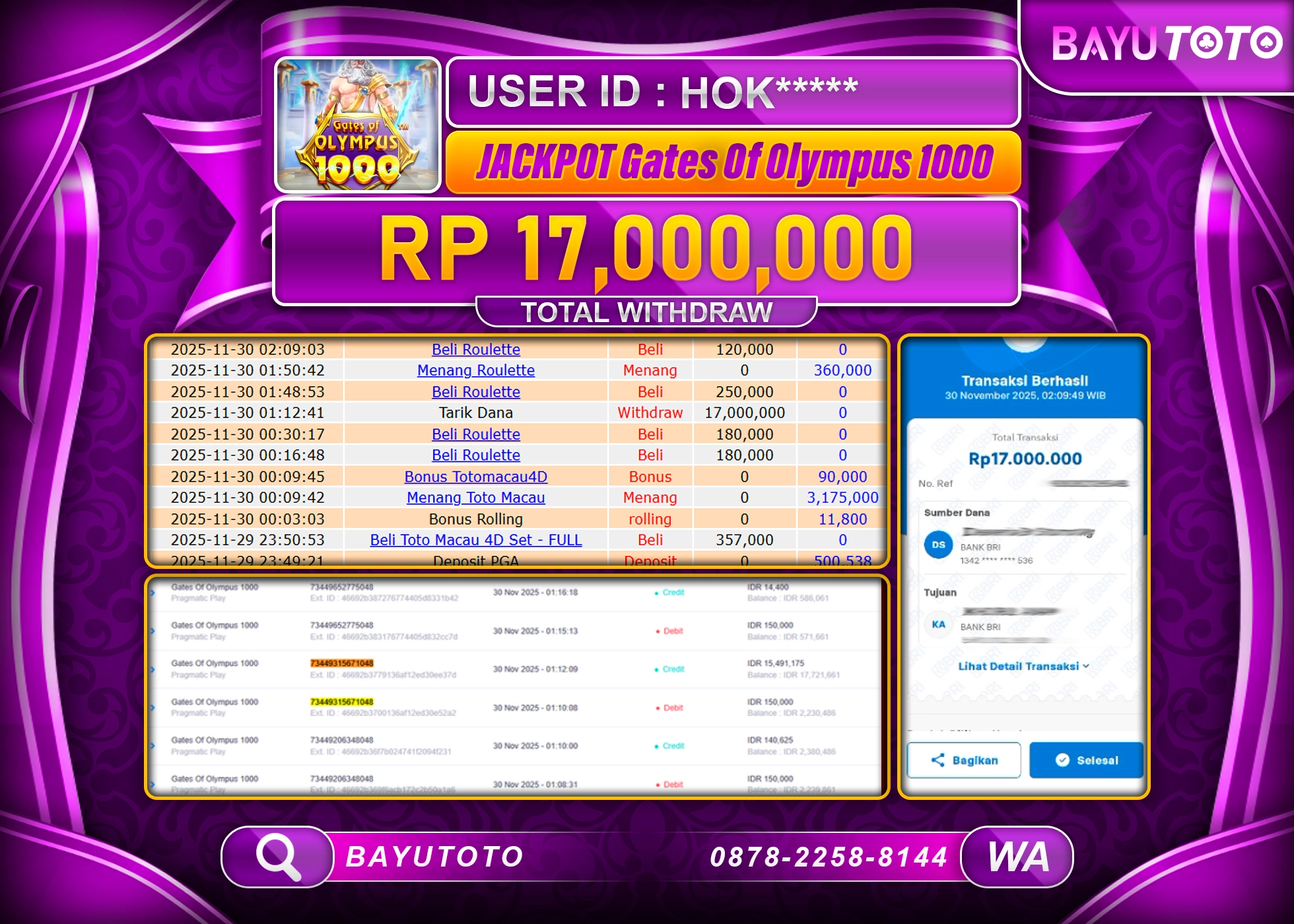 MEMBER BAYUTOTO JACKPOT DI SLOT GATE OF OLYMPUS 1000 Pragmatic Play Rp. 17,000,000 LUNAS
