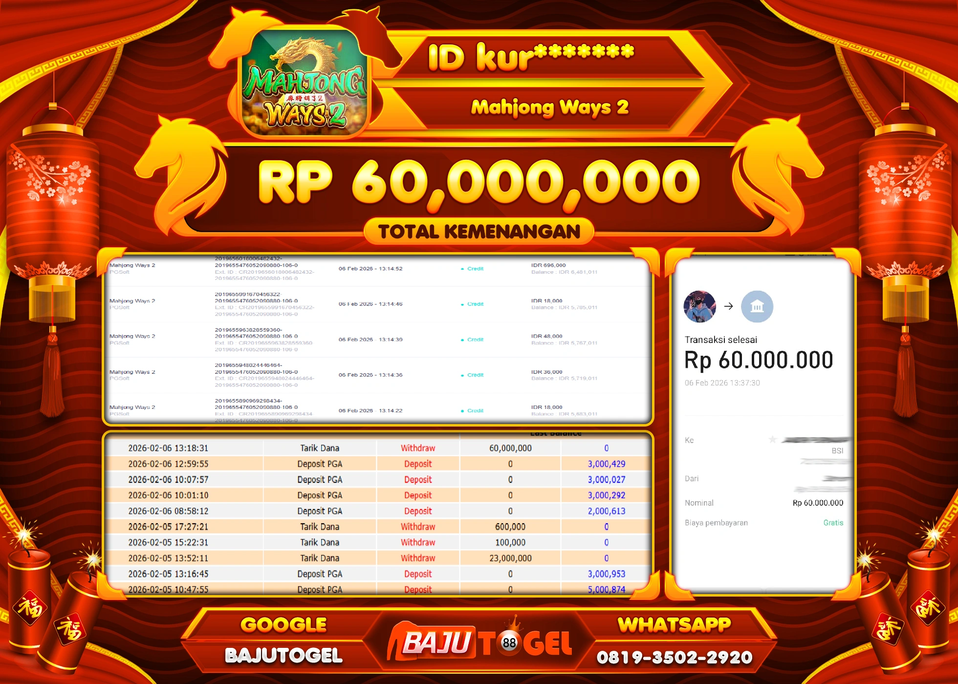 BAJUTOGEL KEMENANGAN JACKPOT DI SLOT PGSOFT MAHJONG WAYS Rp.60,000,000 LUNAS