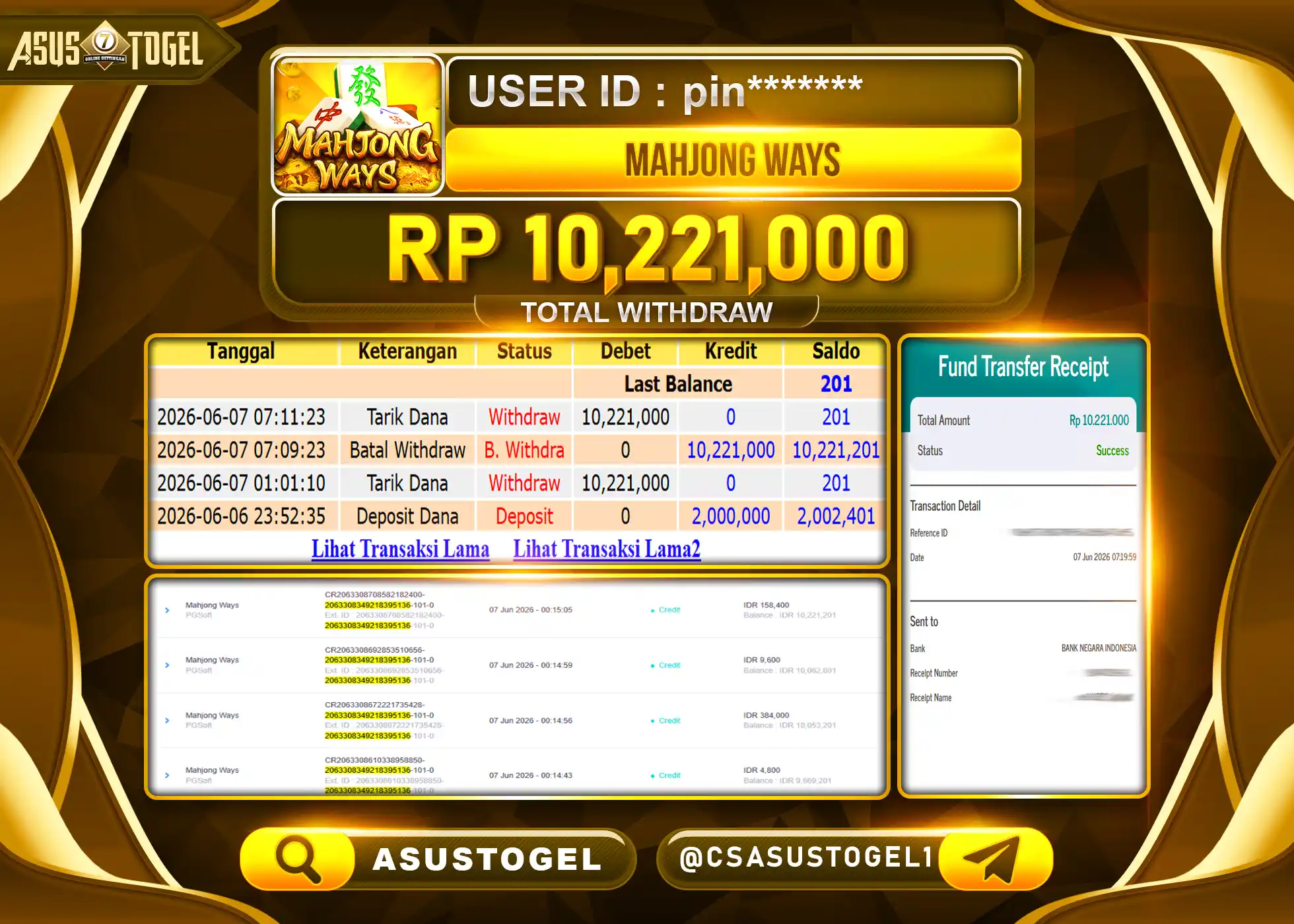 ASUSTOGEL KEMENANGAN JACKPOT SLOT MAHJONG WAYS Rp.10,221,000 - RUPIAH LUNAS