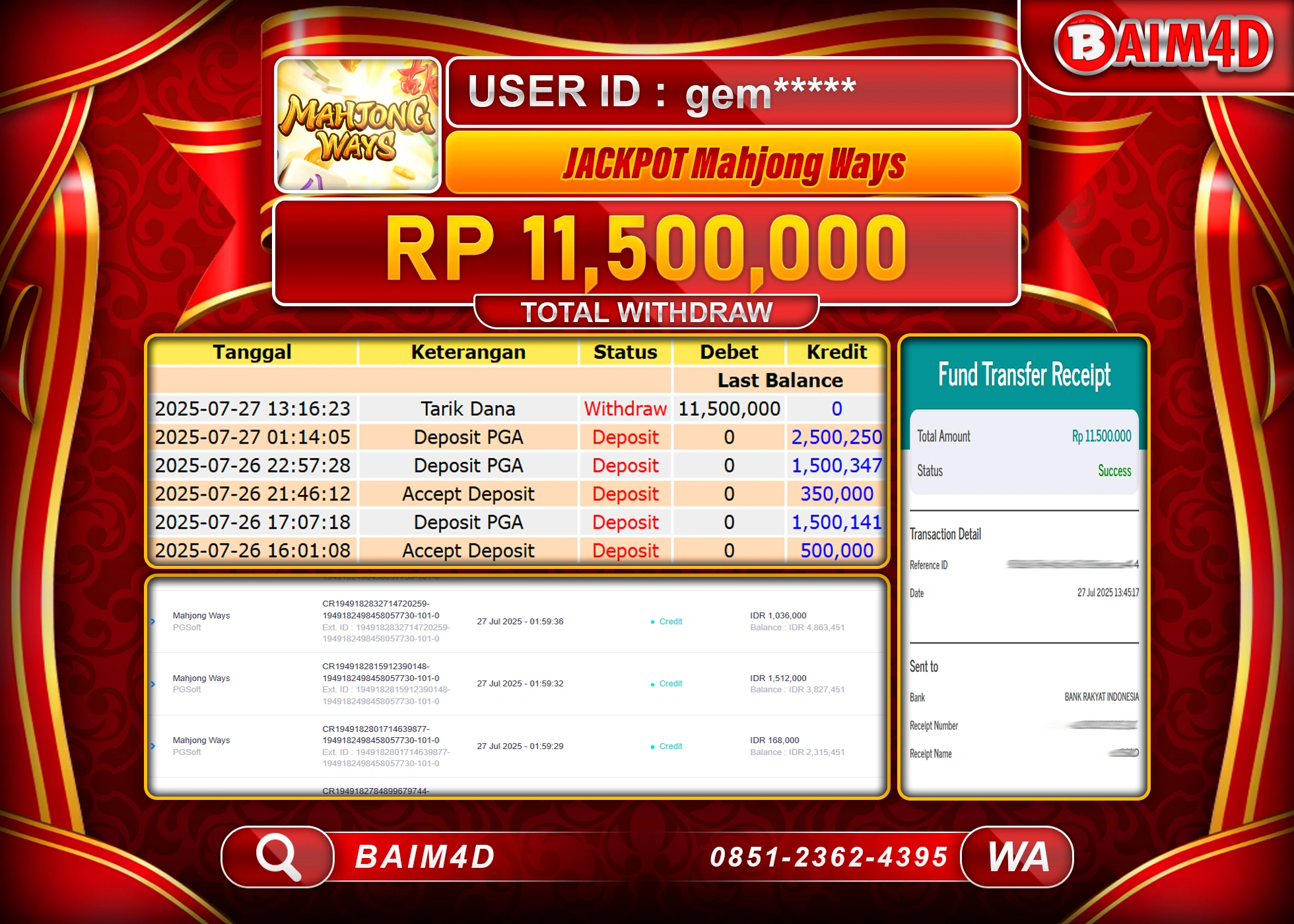 BAIM4D JACKPOT SLOT MAHJONG WAYS Rp.11,500,000.- LUNAS