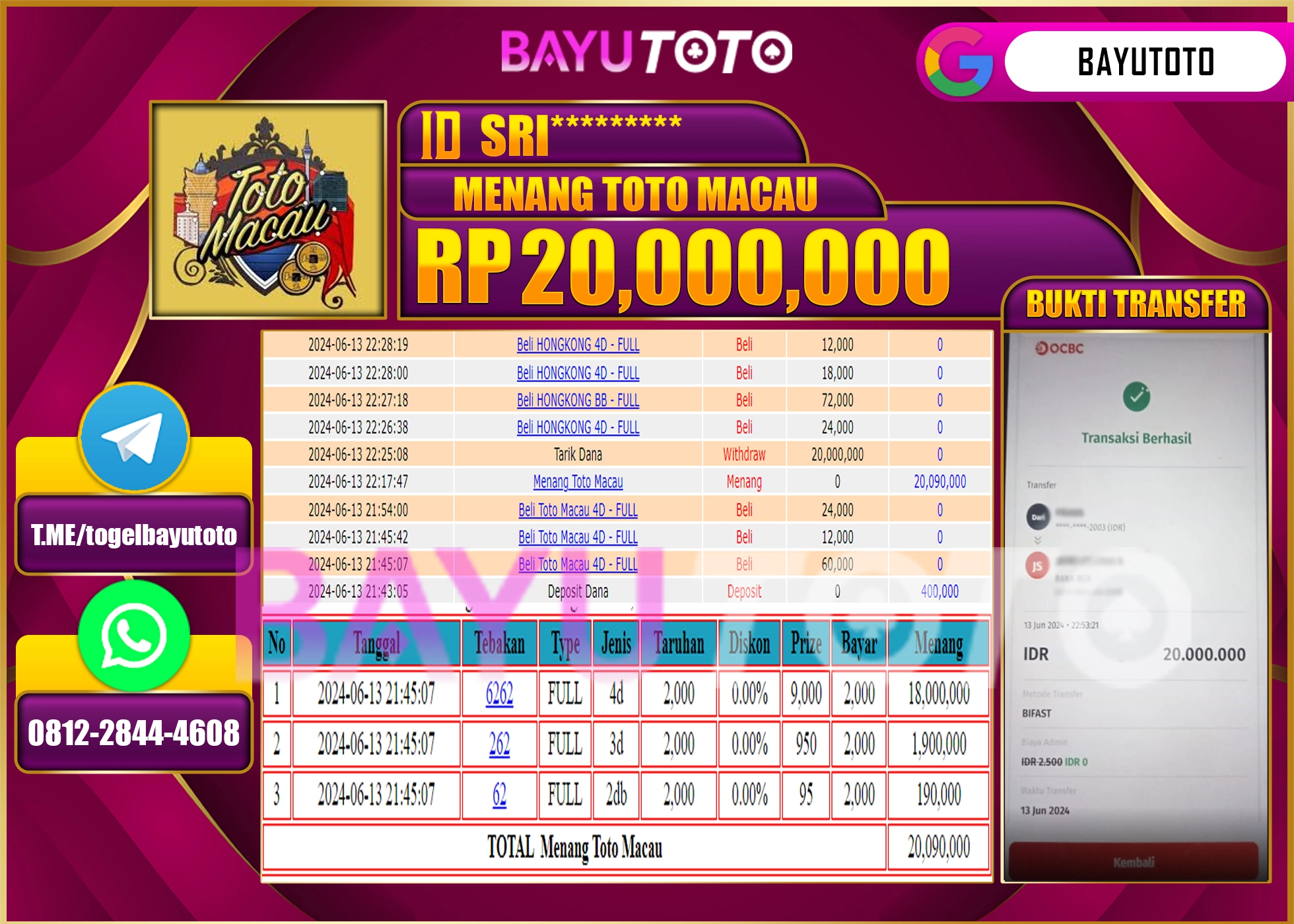 BAYUTOTO JACKPOT PASARAN TOGEL TOTO MACAU Rp.20.000.000 LUNAS