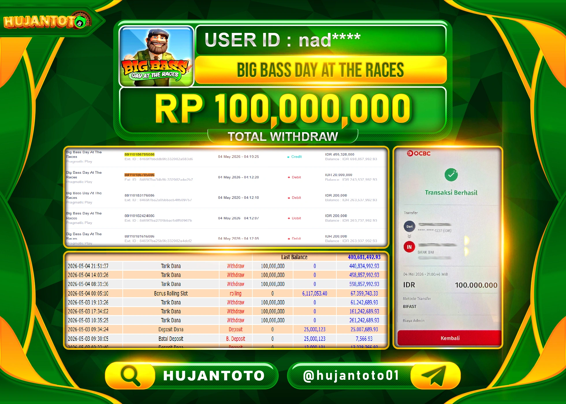HUJANTOTO - BUKTI JACKPOT MENANG SLOT BIG BASS DAY AT THE RACES Rp.100,000,000 - TERBAYAR LUNAS
