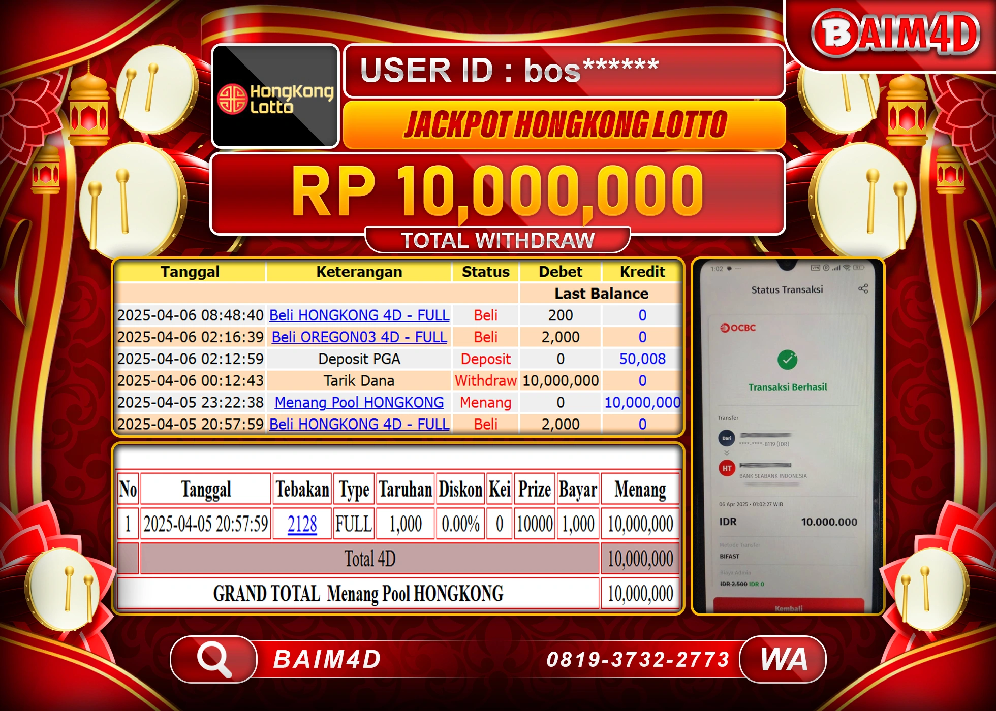 BAIM4D  MENANG TOGEL HONGKONG LOTTO  Rp.10.000,000.- LUNAS