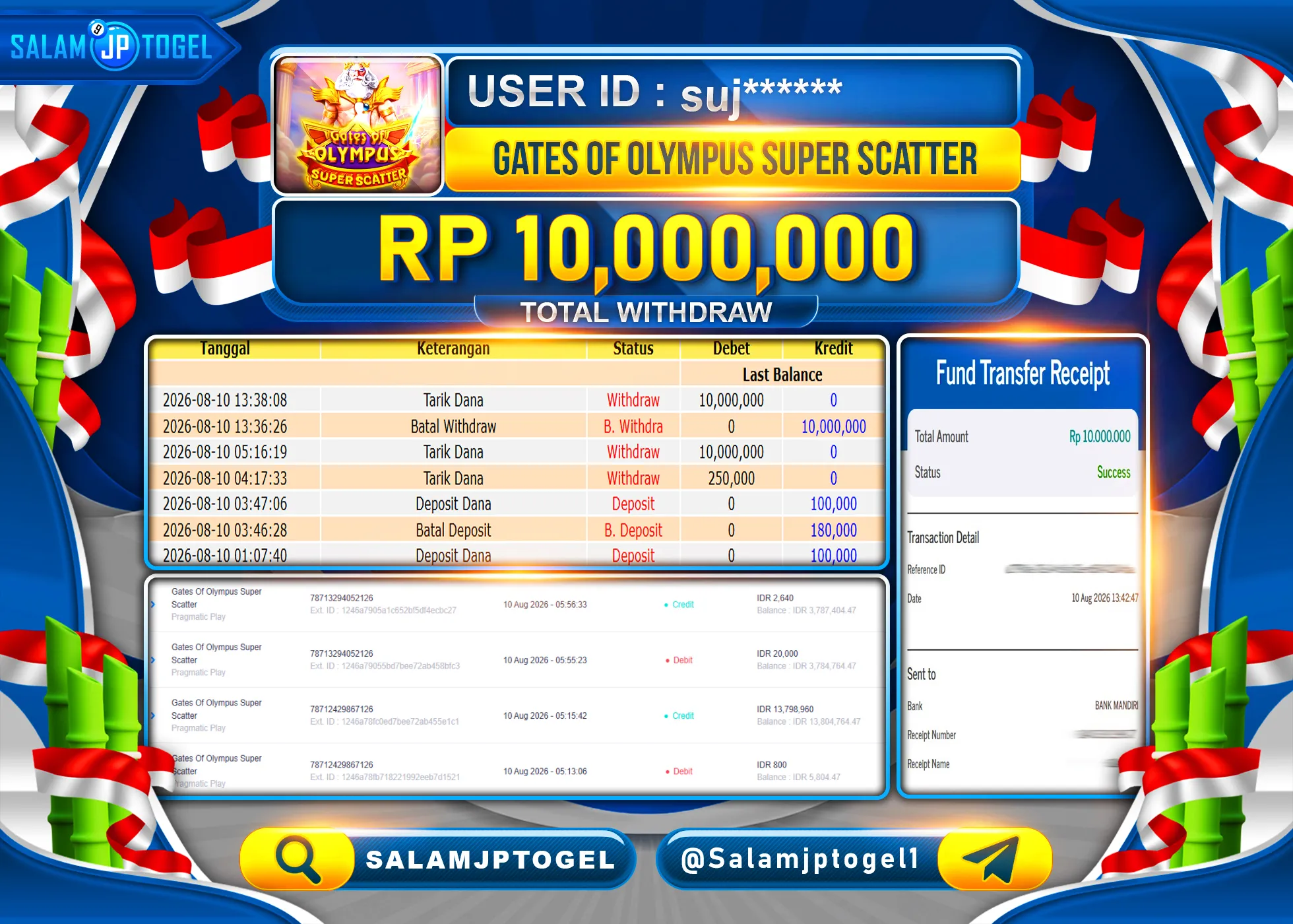 SALAMJPTOGEL JACKPOT MENANG GATES OF OLMPUS SUPER SCATTER  Rp.10,000,000  - LUNAS