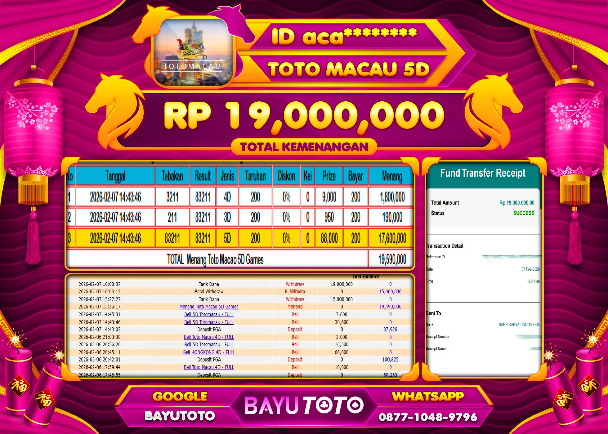 SELAMAT KEPADA MEMBER SETIA BAYUTOTO JACKPOT TOGEL TOTO MACAU 5D Rp. 19,000,000 LUNAS