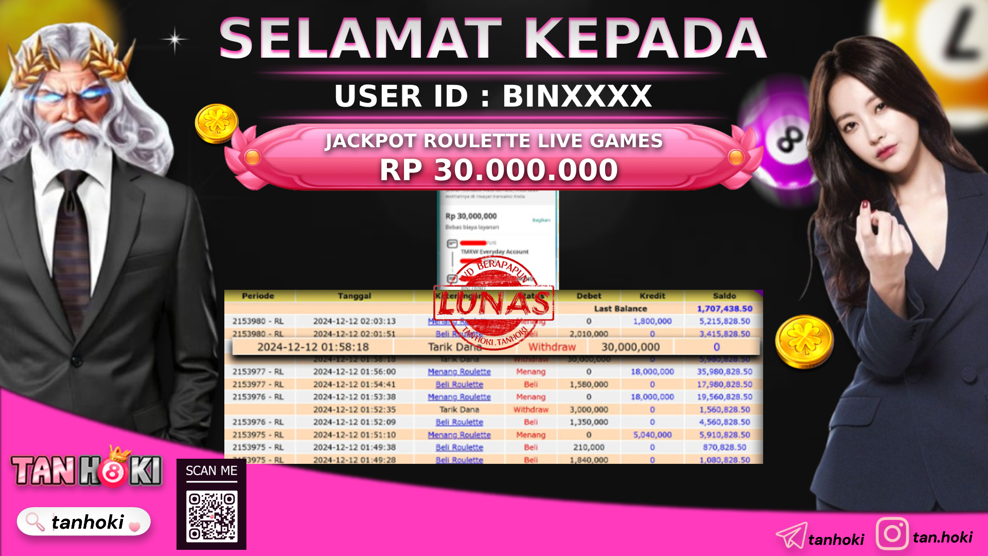 TANHOKI JACKPOT LIVE GAMES ROULETTE Rp.30.000.000,- LUNAS