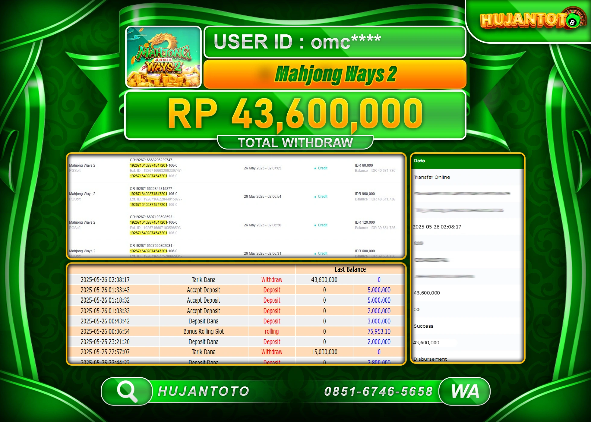 HUJANTOTO - BUKTI JACKPOT MENANG SLOT MAHJONG WAYS 2 PG SOFT Rp.43,600,000 - TERBAYAR LUNAS